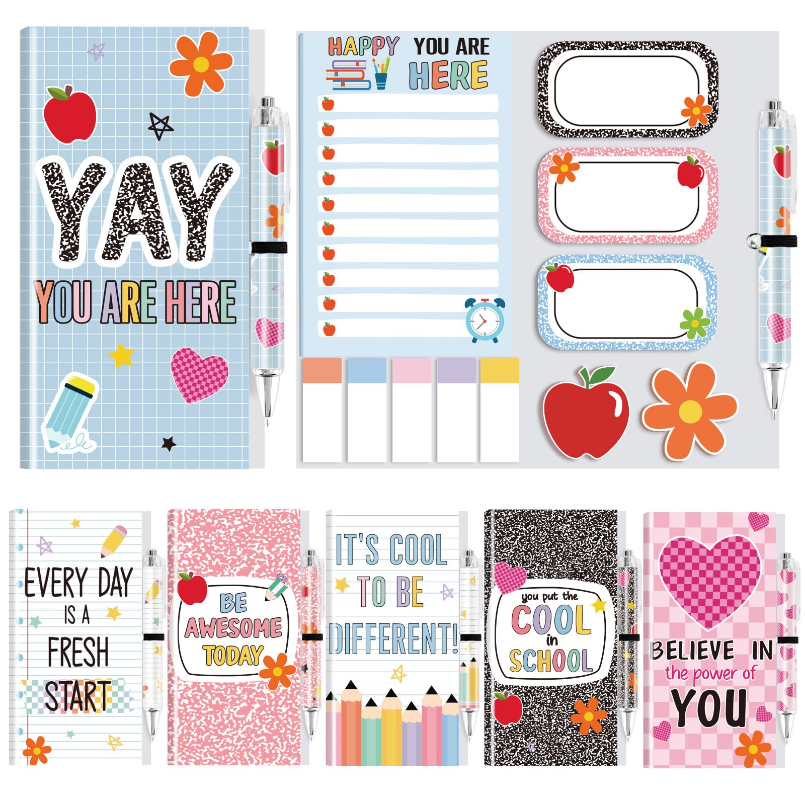 Confezione da 6 foglietti adesivi per il rientro a scuola e penna con scritta "Welcome Back to School", idea regalo per studenti, regalo per il primo giorno di scuola, regali per insegnanti (classici)