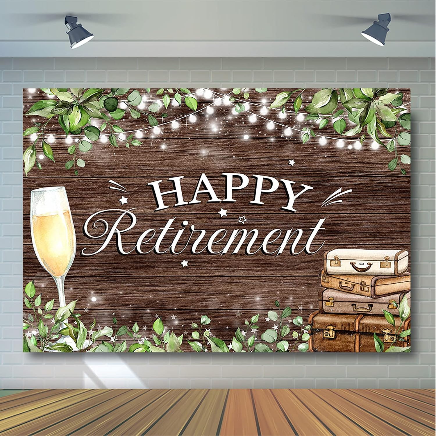 Avezano Wood Floor Wall Happy Retirement Party Backdrop Retirement Party Decorations Rustic Greenery Retire Photo Background Goblet and Travel Suitcase Theme Banner (7x5ft(L))