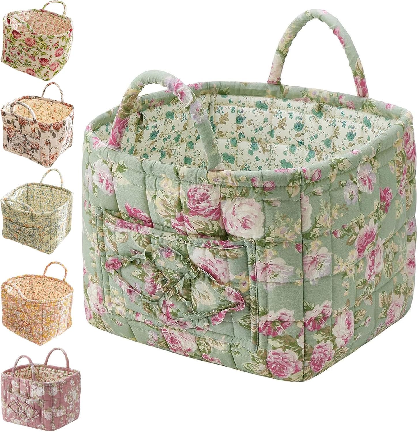 Boho Fabric Storage Basket, Boho Floral Laundry Baskets, Large Capacity Fabric Storage Basket, Decorative Storage Baskets, Portable Folding Storage Bag for Clothes & Sundries (Light green)