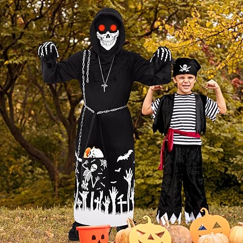 Miniatura 9 de Invoibler Disfraz de parca de Halloween para niños, bata que brilla en la oscuridad, disfraces aterradores con guadaña que brillan en los ojos rojos