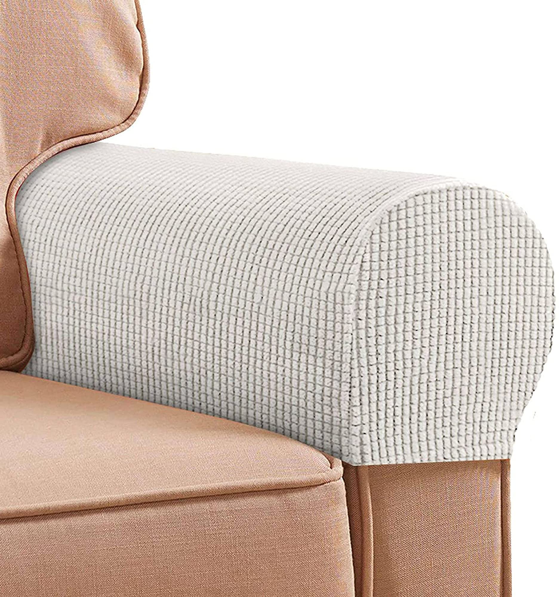 Hruile Stretch Armrest Covers Non Slip Soft Furniture Protector Covers for Recliner Sofa, Spandex Polyester Sofa Chair Arm Caps Slipcovers, Washable, Set Of 2,Ivory White