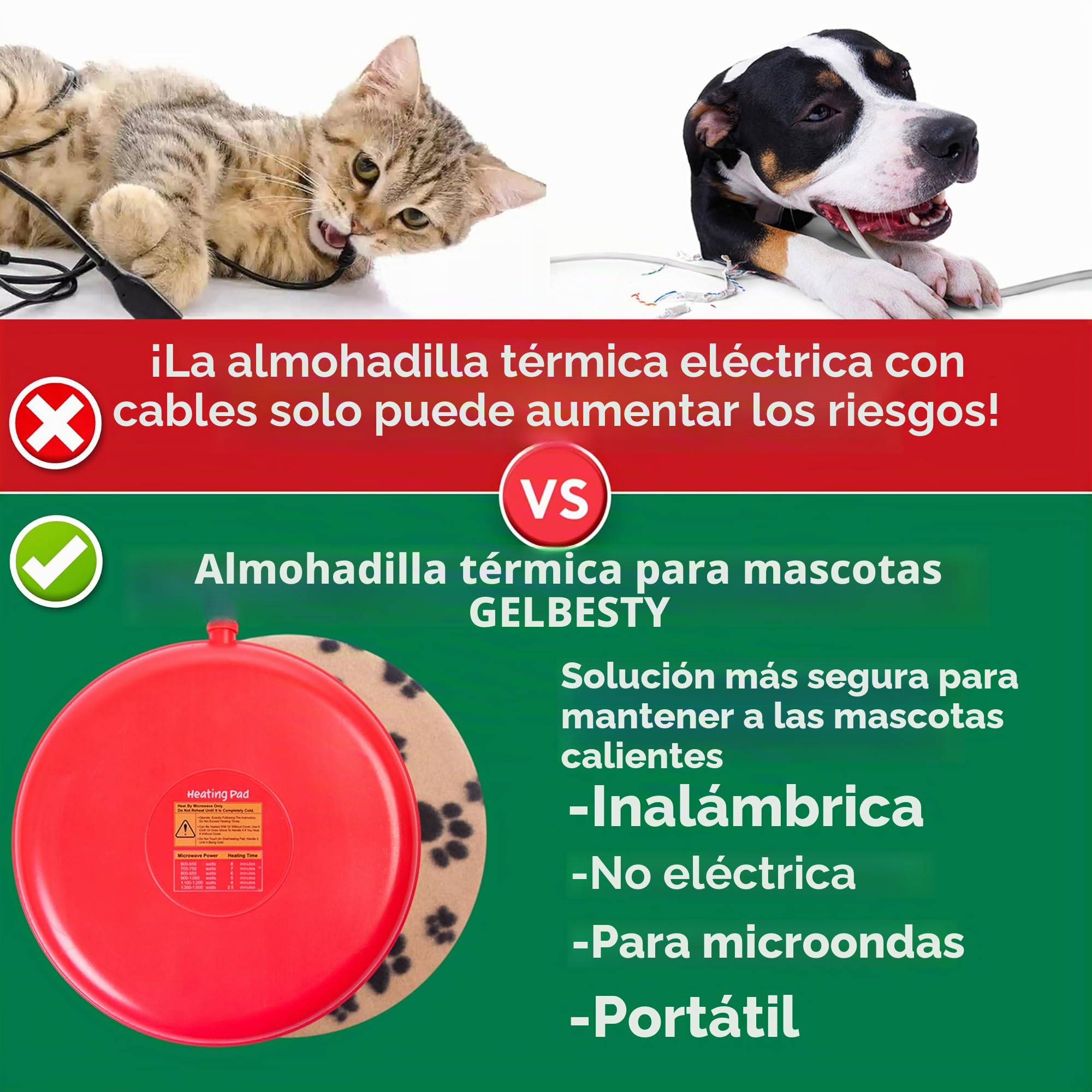 GELBESTY Almohadilla de calefacción para Mascotas para Perros y Gatos, Almohadilla de Calor para microondas con Cubierta de Forro Polar, Almohadilla térmica Interior de Gel térmico para Mascotas,