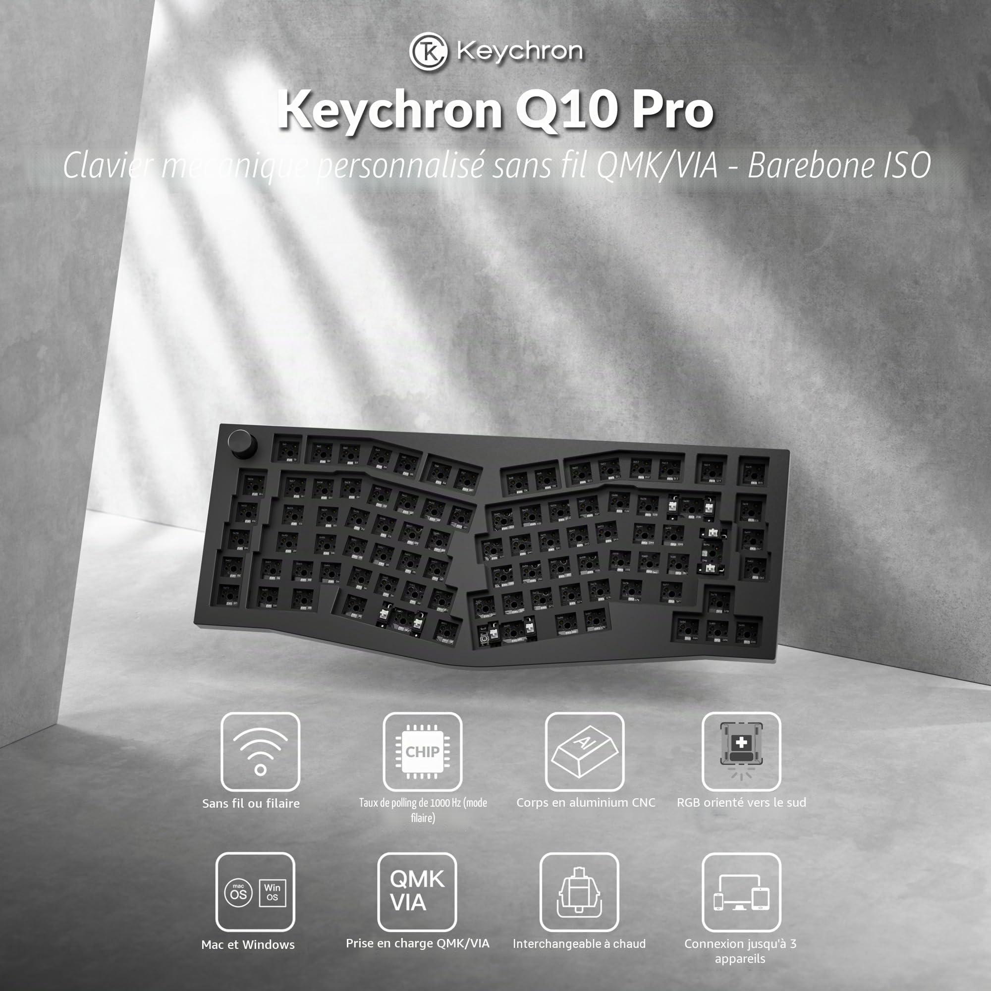 Keychron Q10 Pro Kit Clavier Mécanique Alice 75% en ISO, Corps en Aluminium CNC, Kit Barebone Gaming à Monter Soi-même, Programmable QMK/Via, RGB, Bluetooth 5.1/Filaire, pour Mac, Windows - Noir