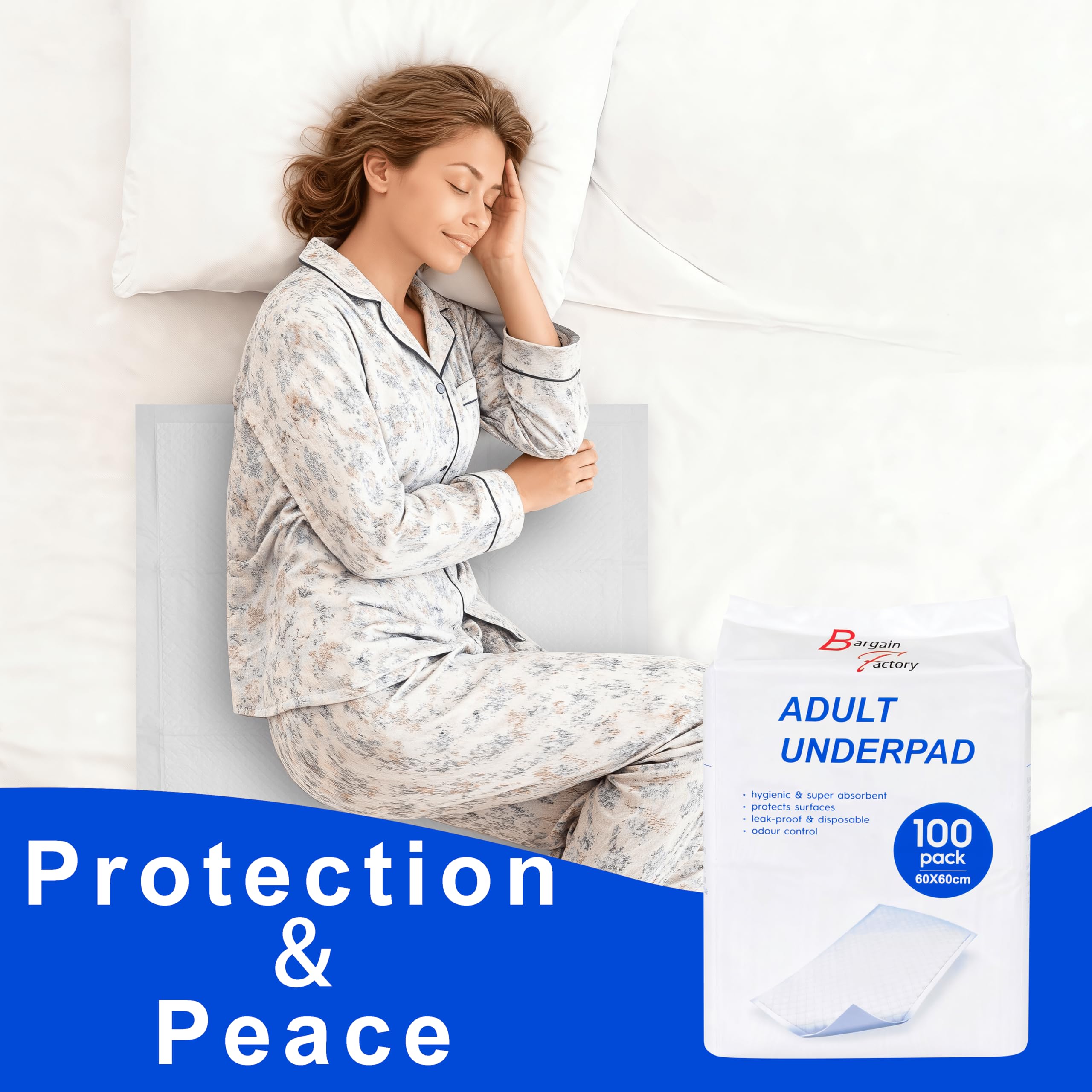 Bargain Factory Almohadillas Desechables | Almohadillas de Cama para incontinencia - 60 x 60 | Alfombrillas de Cama de protección de 5 Capas para niños y Adultos, Alta absorción e Impermeable