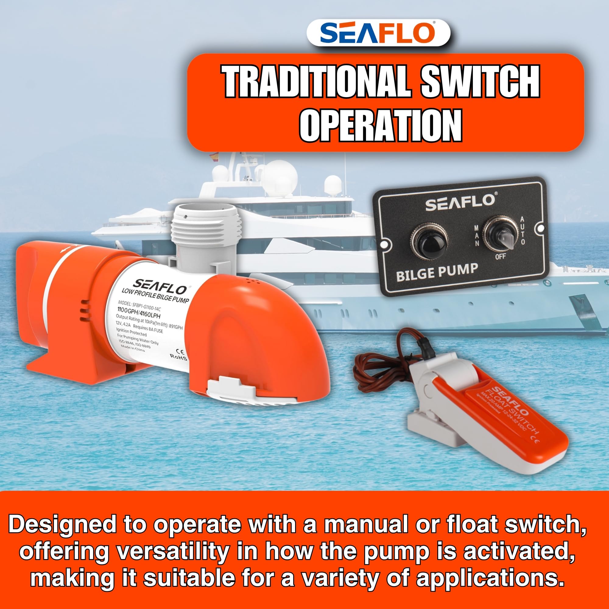 SEAFLO 1100GPH Bilge Pump Automatic Boat Marine Water Pump Low