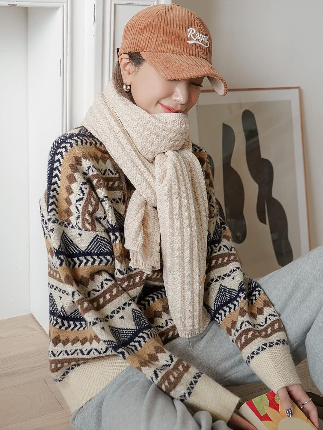 Women's Sweater Striped and Geo Pattern Drop Shoulder Sweater Sweater for Women (Size : Medium)