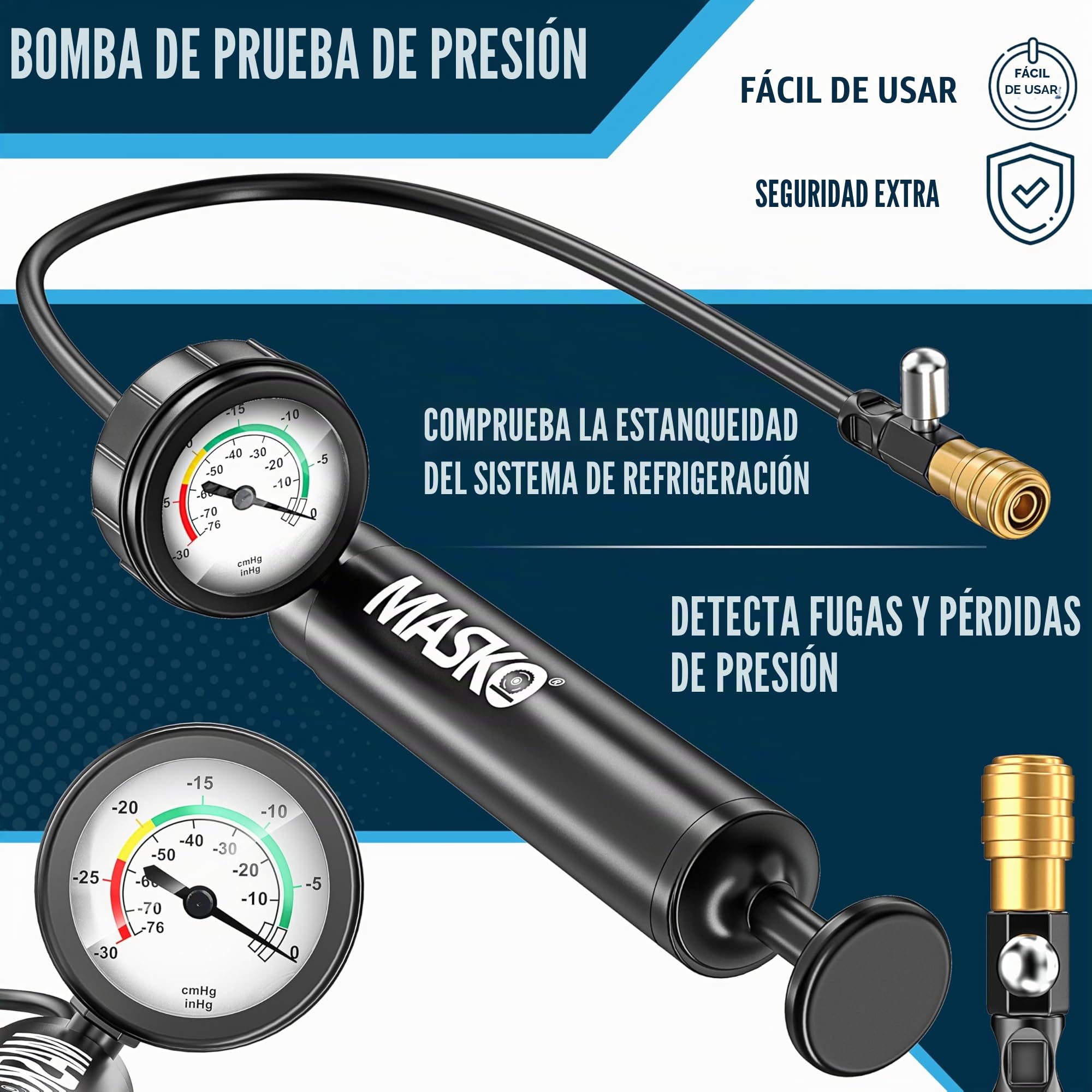MASKO® Comprobador de sistema de refrigeración y dispositivo de purga | Comprobador de presión del radiador, dispositivo de purga de 28 piezas, incluye adaptador de radiador universal, bomba de vacío