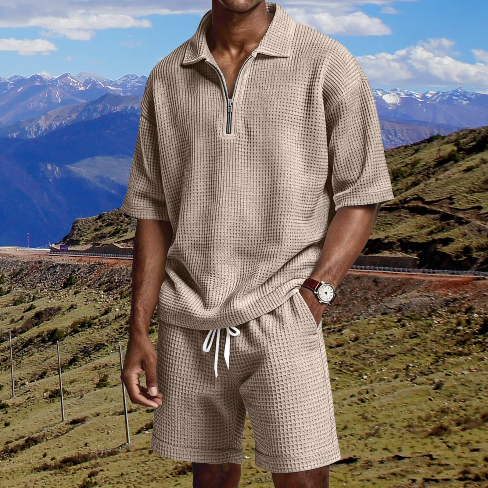 Generico Uomo Estivo Tuta Sportiva Coordinato 2 Pezzi Set Tessuto Waffle Leggero Polo e Pantaloncini Completino Palestra Abbigliamento Casual Elegante Vestiti Estivi