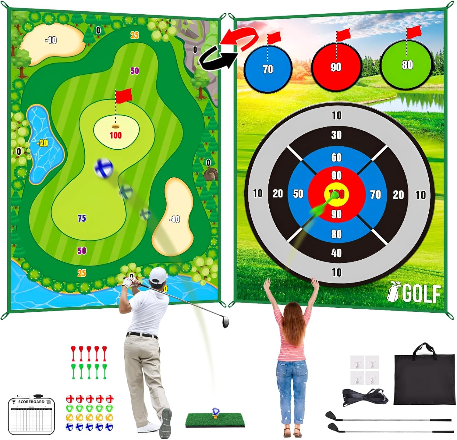 Golf Chipping & Dart Game Mat Set with Two Golf Club, 6Ft x 4Ft Double-Sided Golf Training Mat with 20 Sticky Balls and 10 Darts, Golf Hitting Mats Set Indoor Outdoor Game for Adults Kids Men Double sided