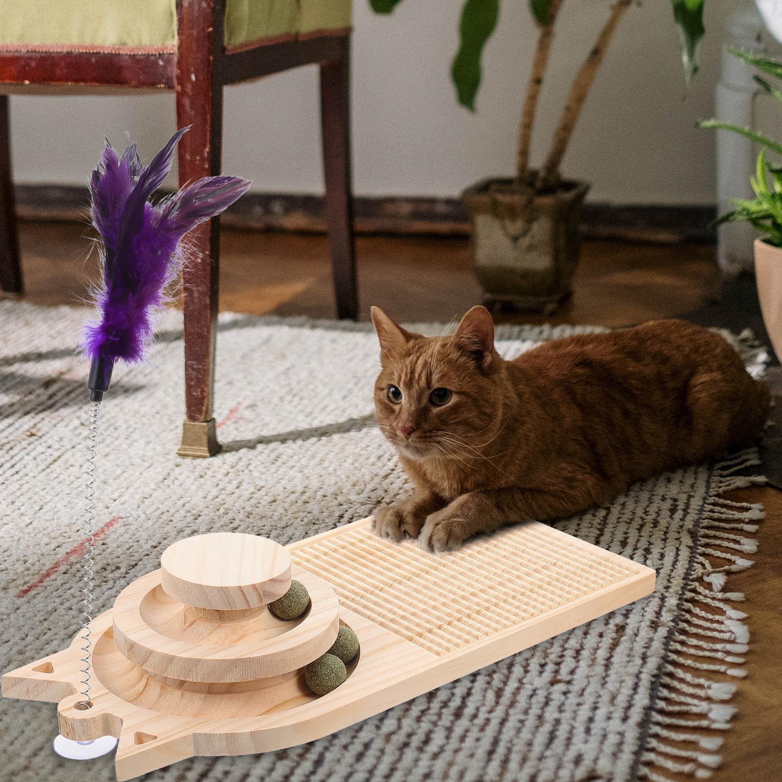 Gatuida Holz Kratzbrett für Katzen, 2-lagiges Drehspielzeug mit Kugeln