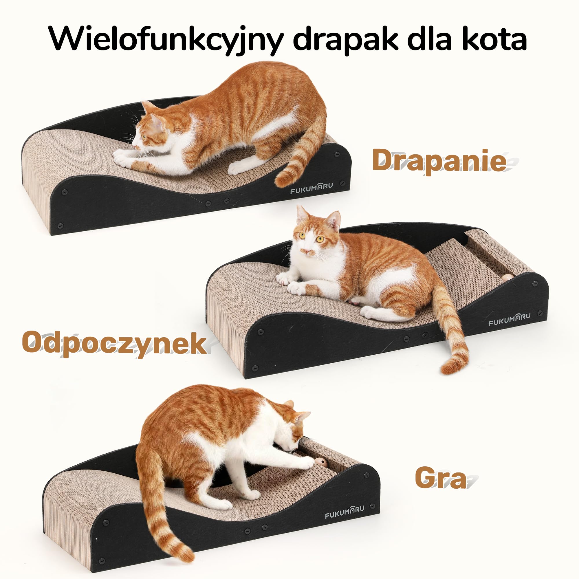 FUKUMARU Kartonowe legowisko dla kota z drapakiem, bardzo długie 74 cm, naturalny filc, wielofunkcyjne legowisko z drapakiem, drapak dla kota z zabawką w kształcie piłki, czarne