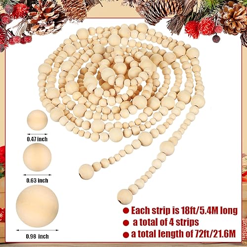 Miniatura 2 de 4 guirnaldas de cuentas de madera para árbol de Navidad de 72 pies, guirnalda de cuentas de madera de Navidad para colgar, decoración bohemia de