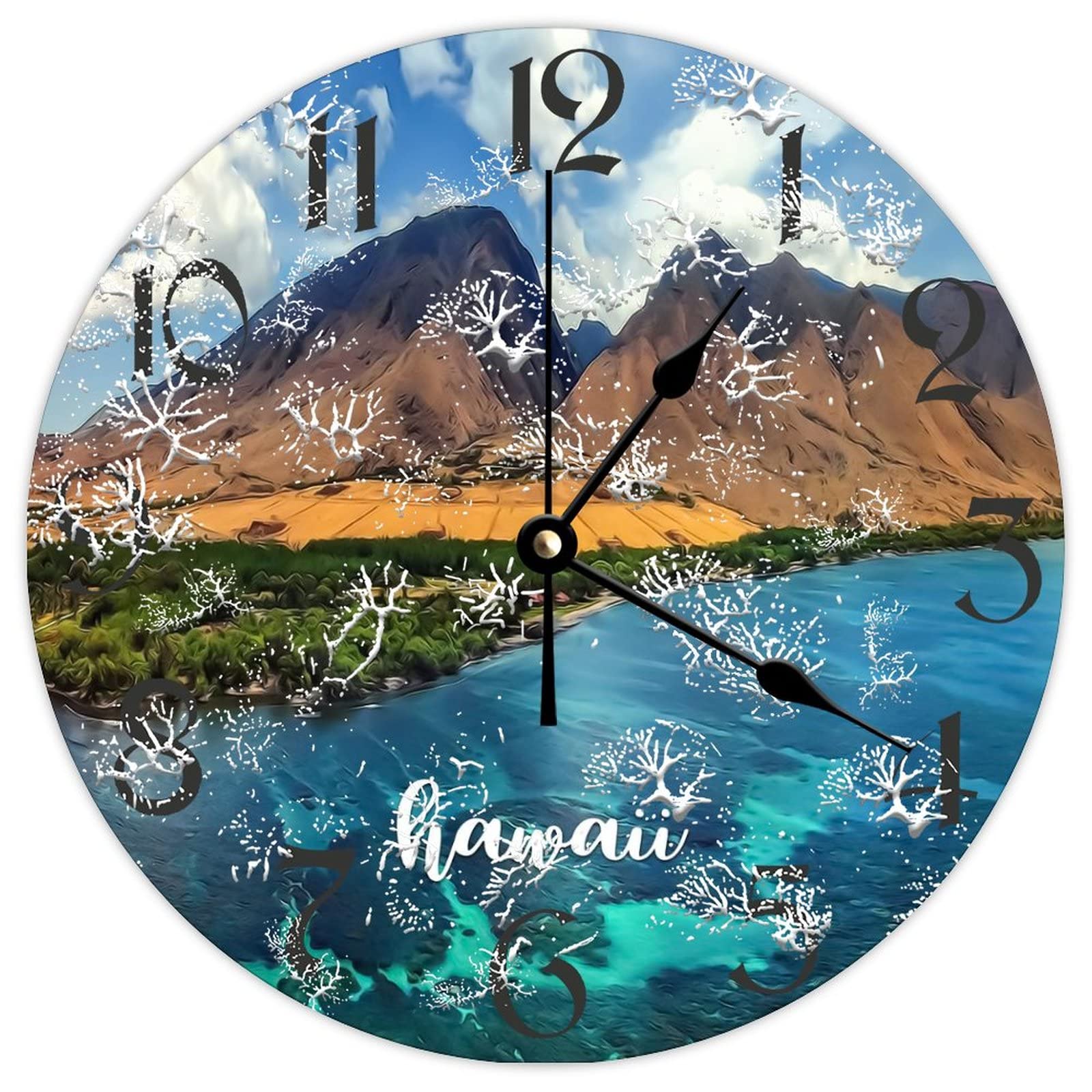 Horloge murale ronde en bois Hawaï rétro de 38 cm pour salon