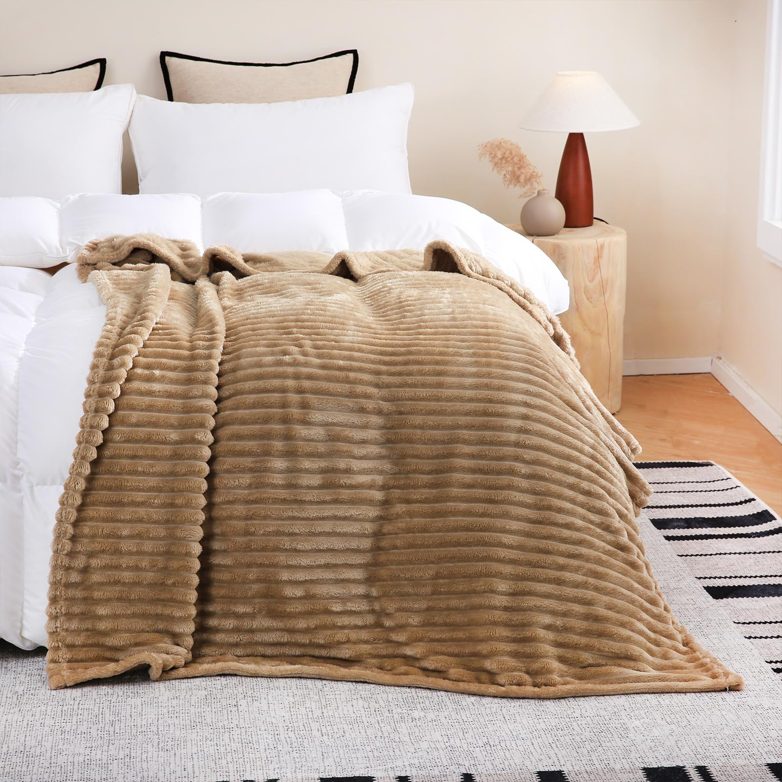 Linecooo Tan Fleece Throw Blanket 50”×60” for Couch Sofa Bed,Super Soft Cozy Plush Microfiber Flannel Blanket with Stripes Design Lightweight for Adults,Woman,Girls - Image 3