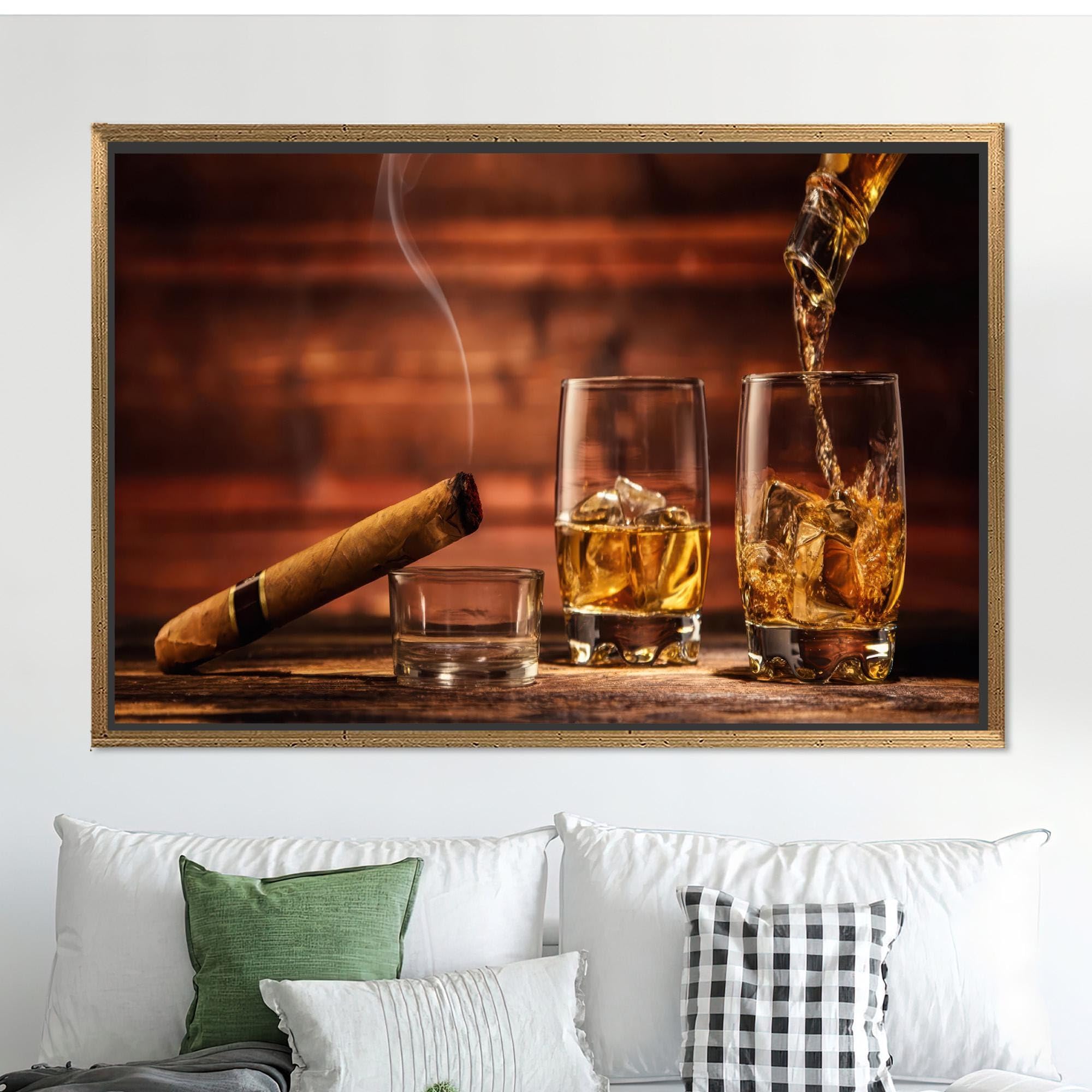 lianyibo Whisky and Cygars Canvas - Luxury Bar Martwa Natura Dekoracja ścienna Bursztyn Smoky Napój Plakat na Płótnie Bawełniane Dla Mężczyzn Jaskinia (70 x 100 cm/Bez Ramy)