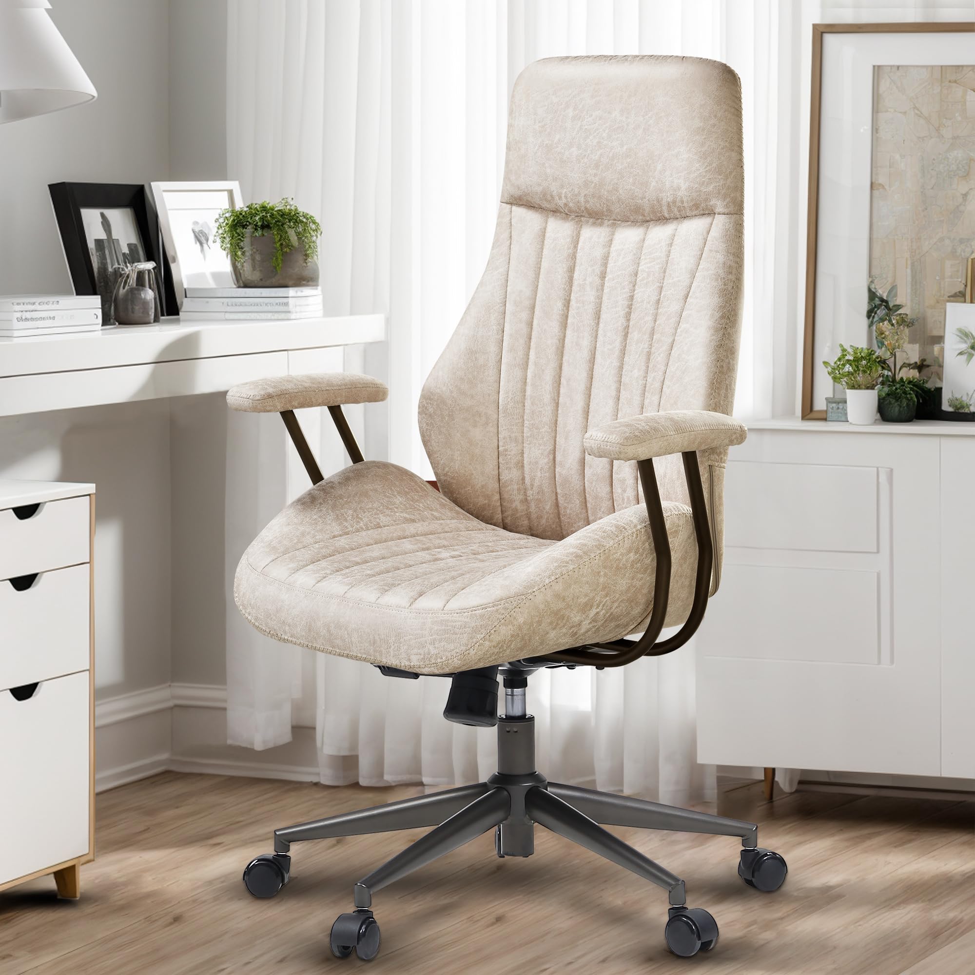 High Back Home Office Chair, Mid Century Vintage Executive Chair,Comfy Ergonomic Rolling Office Task Chair with Lumbar Support, Faux Leather Office Chair,Beige