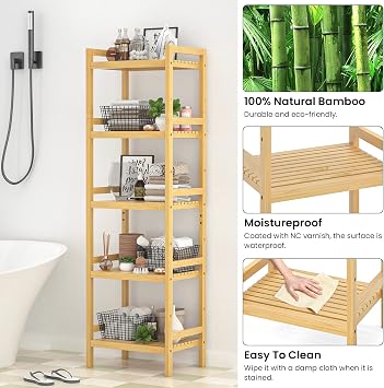 Homykic Bamboo Bookshelf, 5-Tier Narrow 55.9 Adjustable Book Shelf Bookcase Bathroom Shelves Freestanding Storage Stand for Living Room, Bedroom, Kitchen, Rust Resistance, Easy Assembly, Natural
