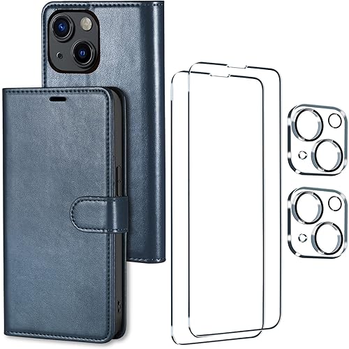 Uluck - Funda Uluck para iPhone 14 con tarjetero, funda de piel sintética con bloqueo RFID, funda magnética con 2 pantallas y 2 protectores de lente