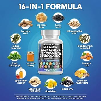 Clean Nutraceuticals Sea Moss Black Seed Oil Ashwagandha Turmeric Bladderwrack Burdock & Vitamin C Vitamin D3 with Elderberry Manuka Dandelion Yellow Dock Iodine Chlorophyll ACV