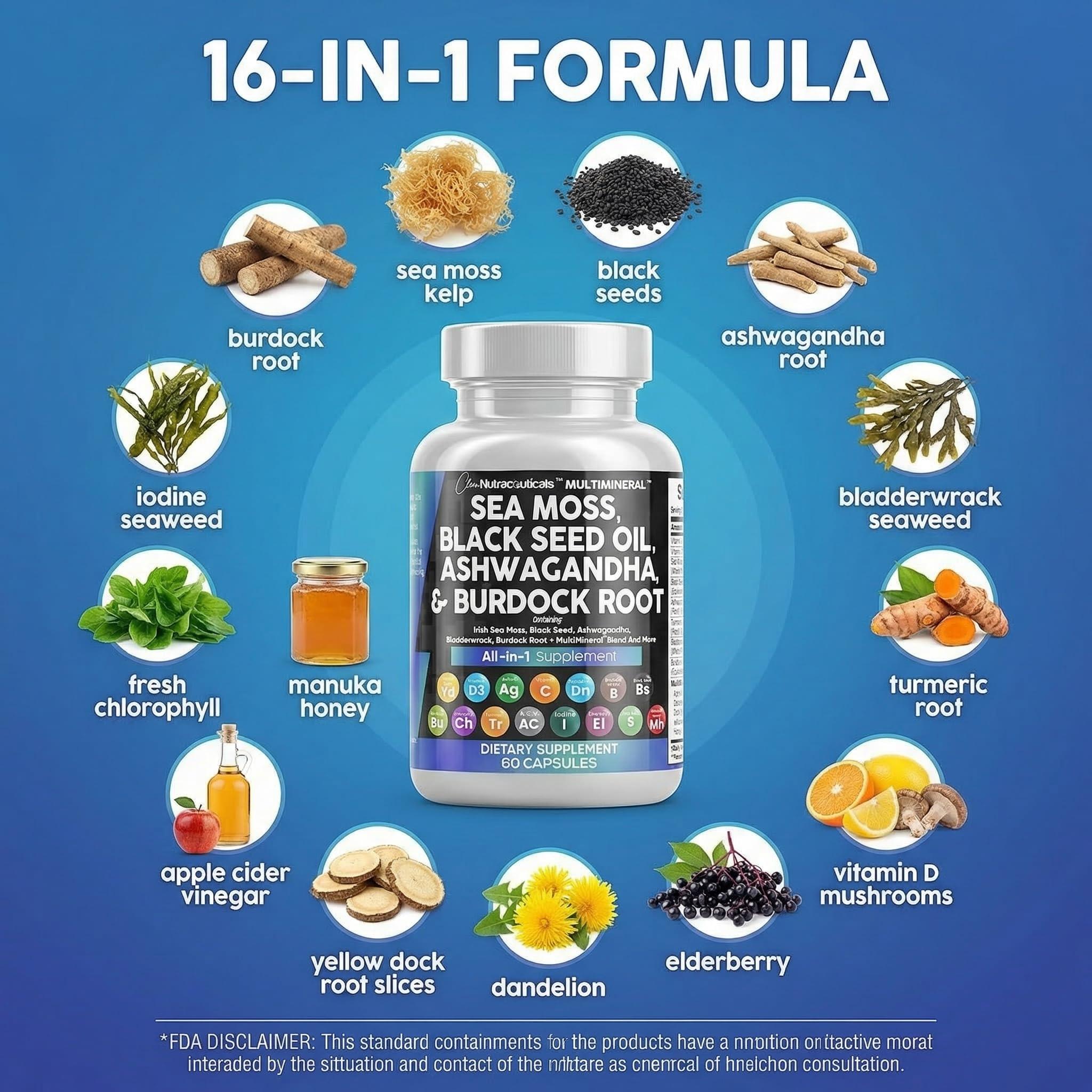 Clean Nutraceuticals Sea Moss Black Seed Oil Ashwagandha Turmeric Bladderwrack Burdock & Vitamin C Vitamin D3 with Elderberry Manuka Dandelion Yellow Dock Iodine Chlorophyll ACV - 4