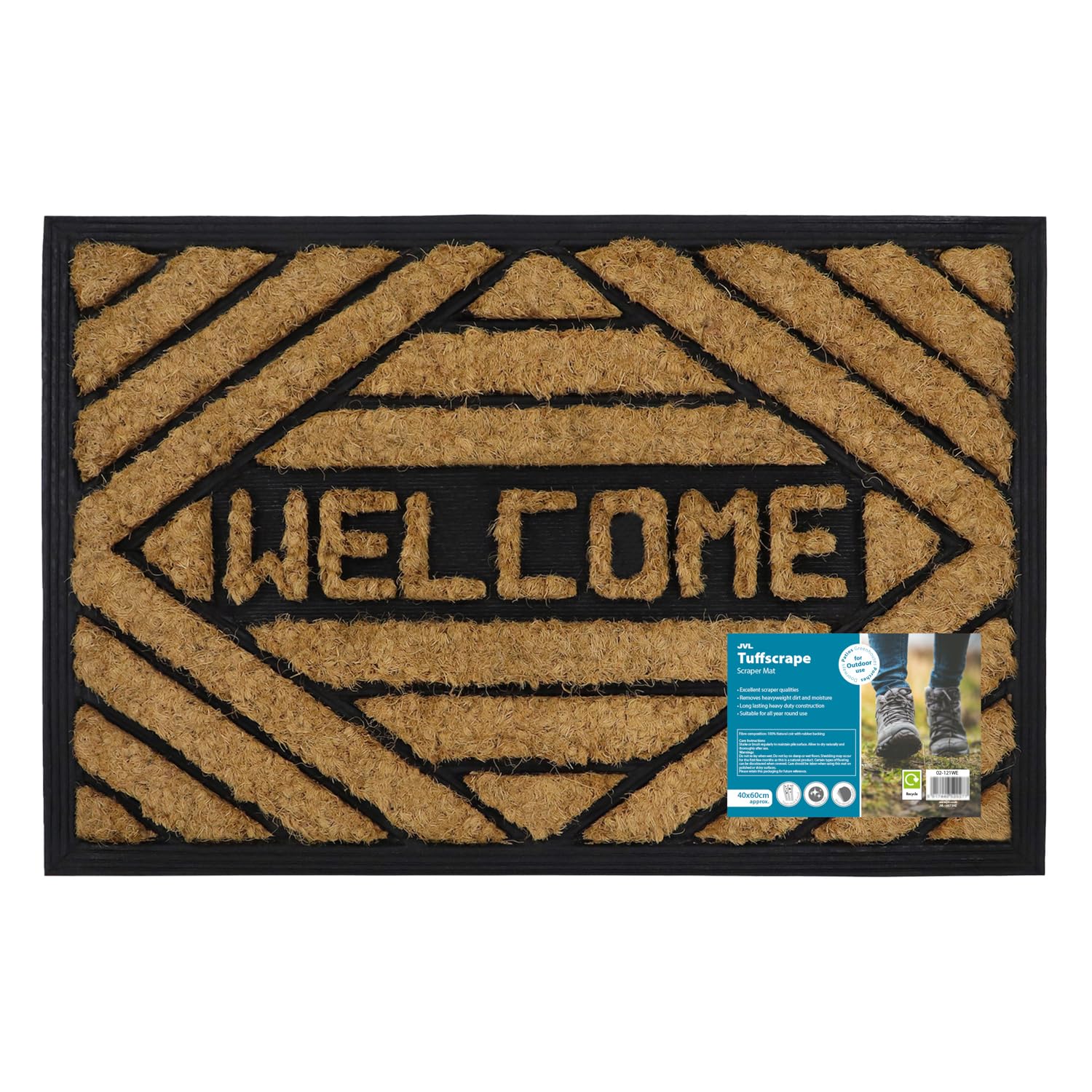 JVL Tuffscrape Coir Entrance Doormat - 40x60cm - Welcome - Brown