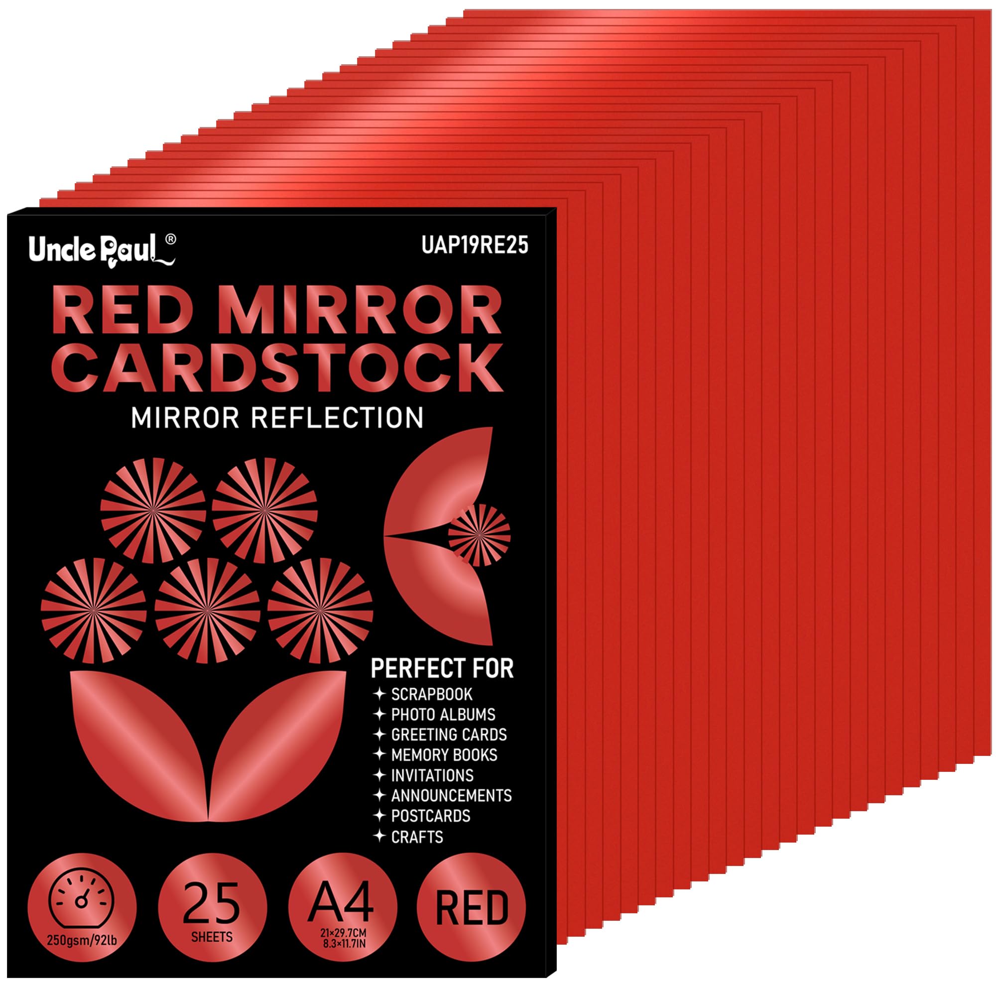 A4 Christmas Red Mirror Cardstock - 25 Sheets, 250gsm/92lb Foil Laminate Metallic Reflective Card Paper for Crafts Decoration UAP19RE25