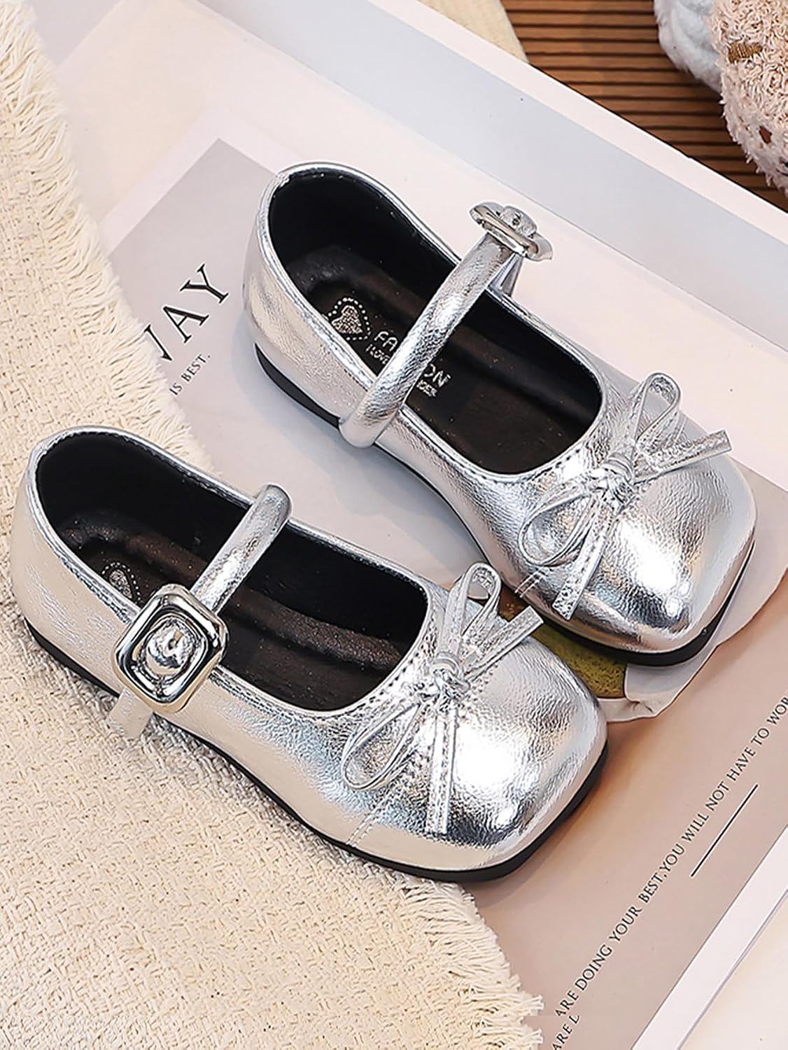 GORGLITTER Girl's Ballet Flats Bow Closed Toe Silver Wedding Princess Shoes
