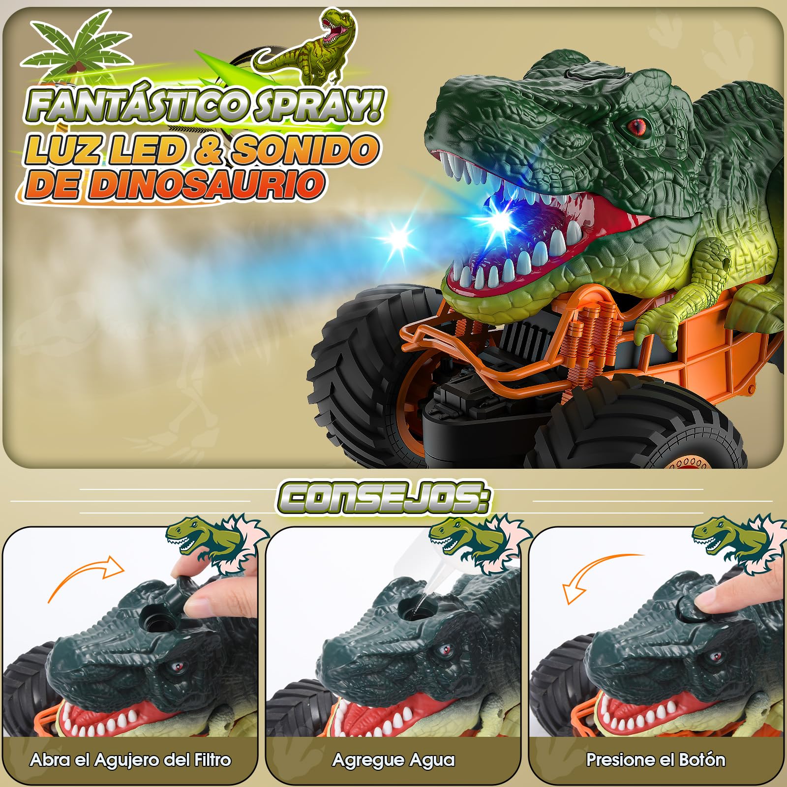 HappyGoLucky Coche Teledirigido, Monster Truck Juguetes Niños 3-10 Años Coches para Niños Juegos Regalo Niño 4-12 Años Dinosaurios Juguetes Regalo Cumpleaños Niños, Regalo Navidad Niño