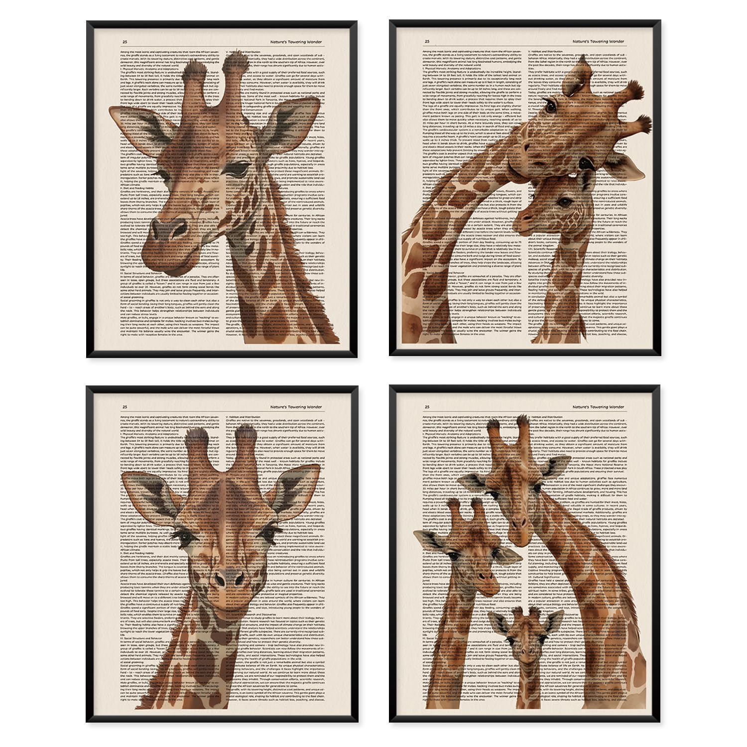 VONTP Retro Giraffe Wall Art Decor, Cute Giraffe Baby Dad Mom Wild Animal Family Prints Poster Wall Decorations for Nursery Kids Room Bedroom Dorm Bathroom, 8x10 Set of 4 (Unframed)