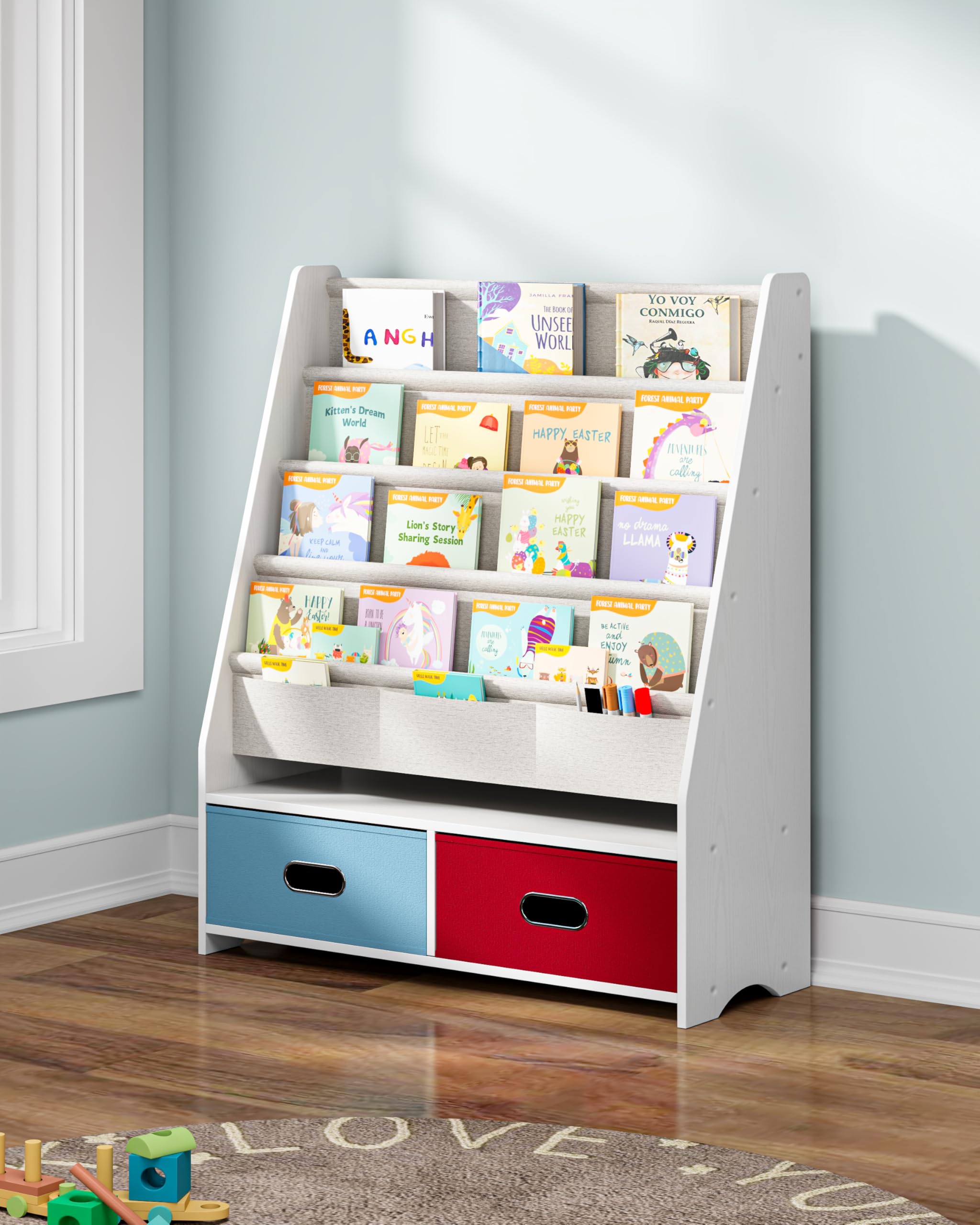 SEIRIONE Sturdy Kids Bookshelf, Children Display Rack, 4 Sling and 2 Storage Boxes for Toys Organizer, White/Wood Texture