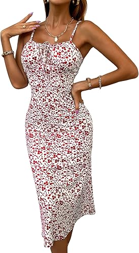 Floerns Vestido midi sin mangas con estampado floral y cordón frontal para mujer