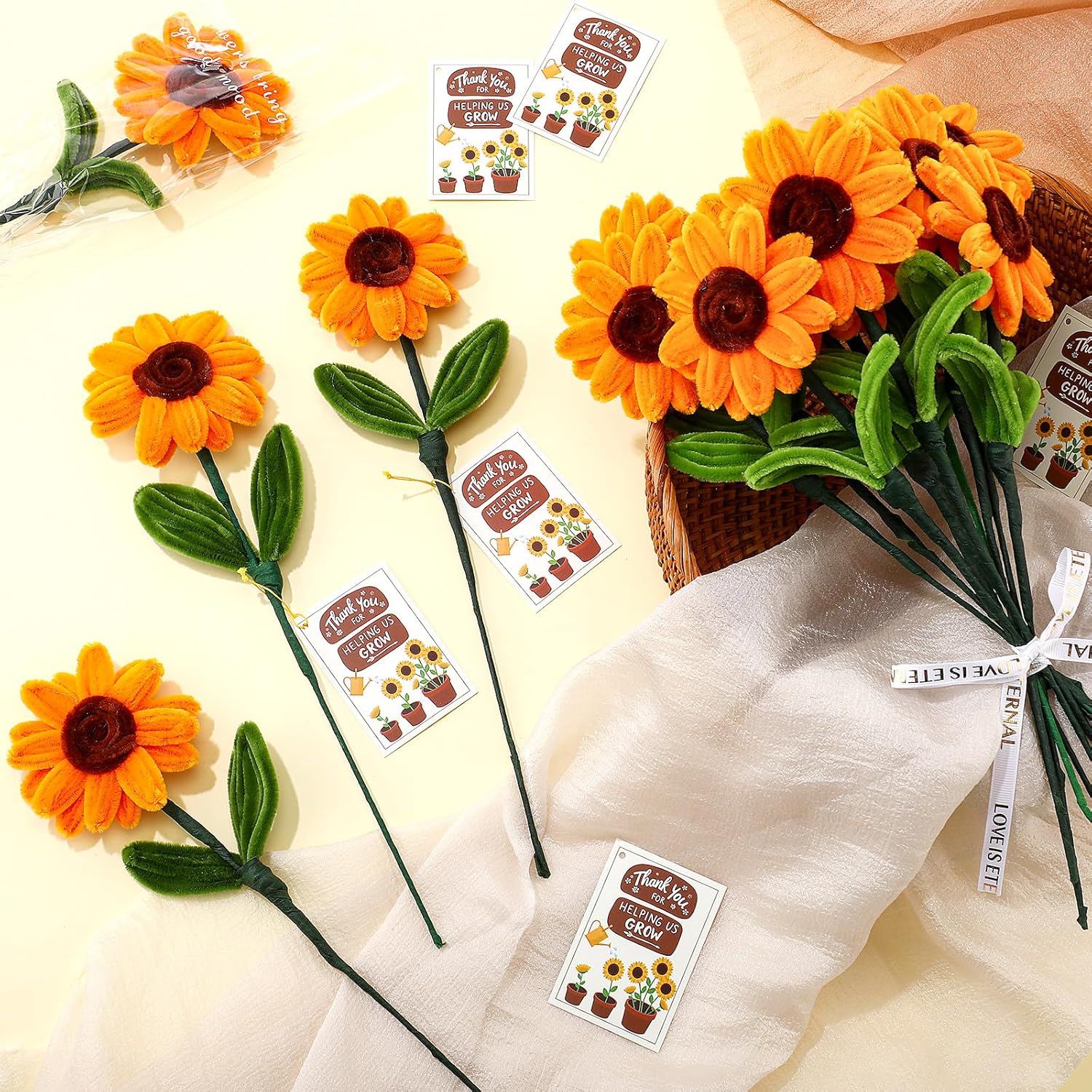 24 Sets Sunflower Appreciation Gifts Bulk for Women Mom Teachers Handmade Sunflower Bouquet Thank You for Helping Us Grow Flowers with Positive Cards for Women Birthday Graduation Retirement Gifts