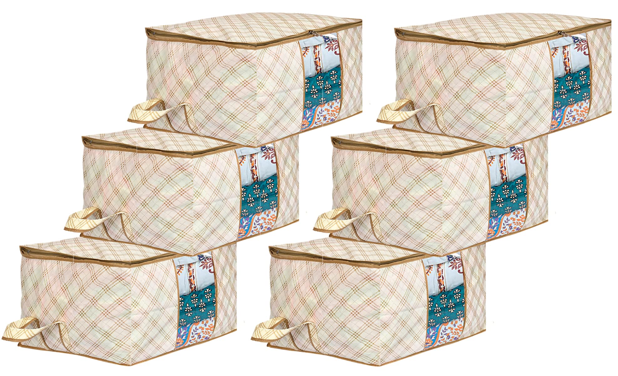 Kuber Industries Tartan Design Non-woven Foldable Underbed/Storage Bag/Wardrobe Organizer With Transparent Window- Pack of 6 (Beige)-44KM0495-picture-37