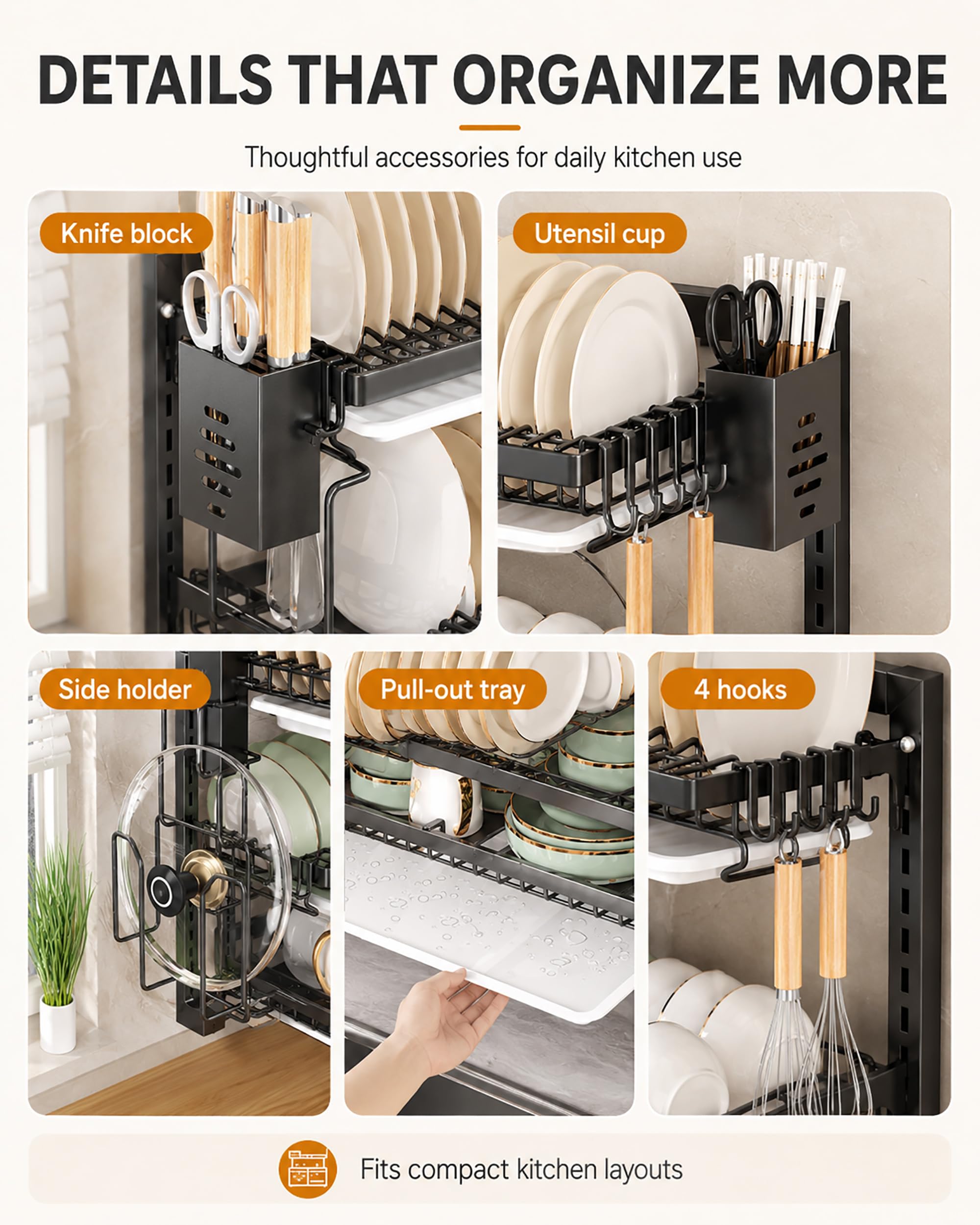 Scolapiatti da Parete Senza Foratura - Organizer Cucina Sospeso Salvaspazio - Acciaio Inox con Vassoio Antigoccia e Ganci, Regolabile a 2/3 Ripiani