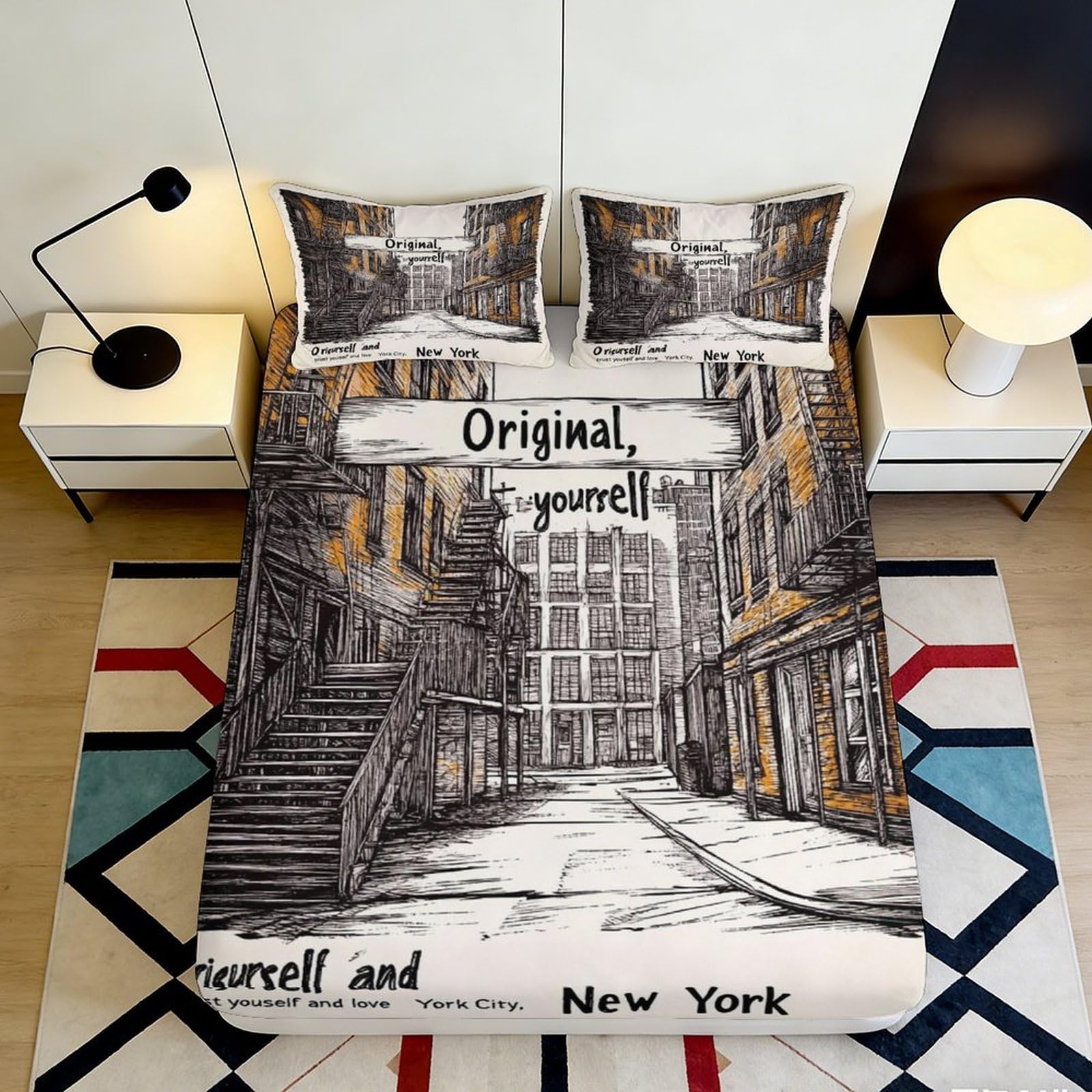 Jqzkxnhpbr Style-4 3D Printed Urban Street Art Fitted Sheet Microfiber Soft Black White Bed Cover Cityscape Decor For Bedroom 90X200x25cm
