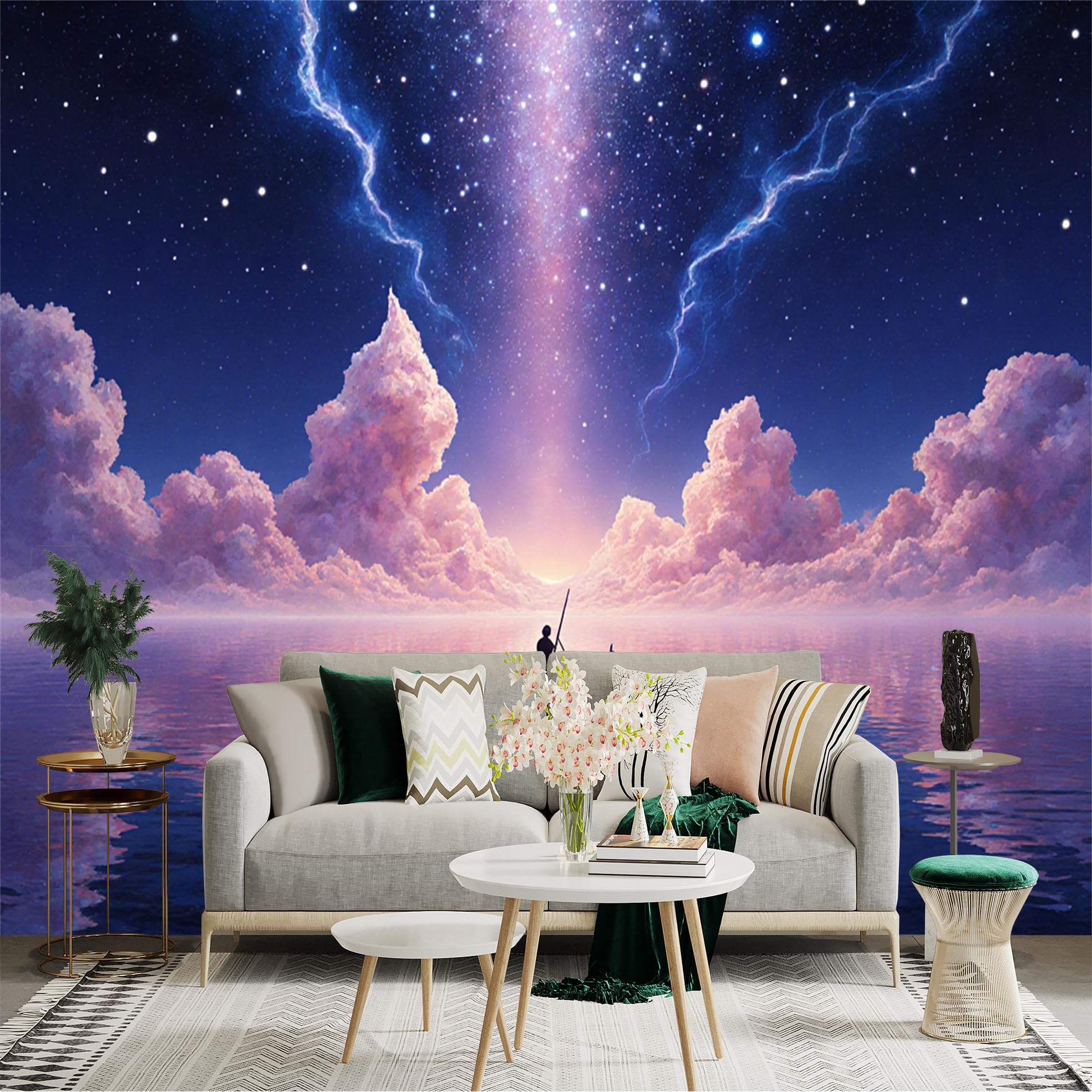 Lnzczhyre Xc260505748 Custom Size Wall Sticker Mural， Lonely Traveler In Boat， Surreal Galaxy Sky With Clouds， Dreamy Ocean Horizon， For Wall Decoration， Peelandstick Wall Decals.