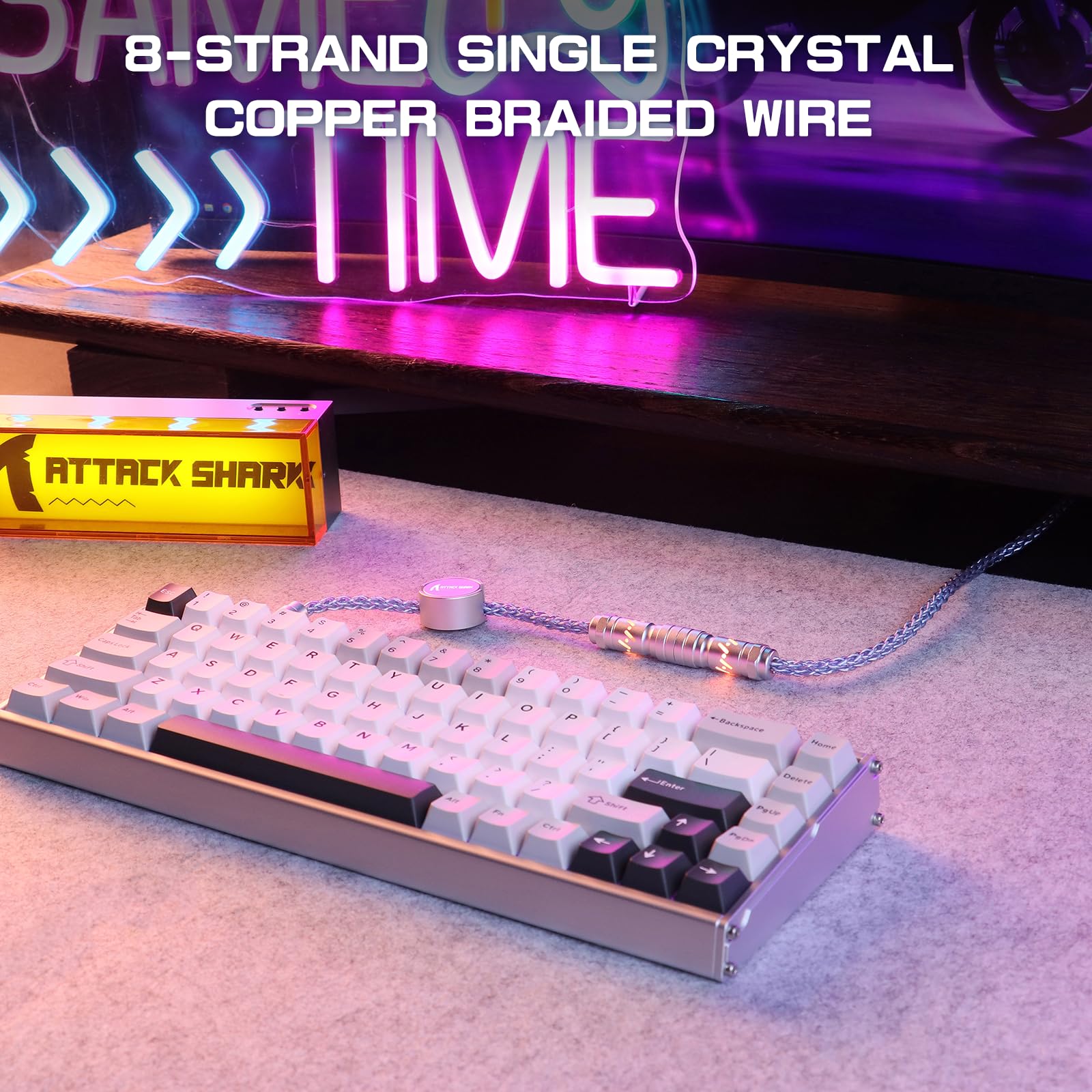 ATTACK SHARK C07 Cable de aviador trenzado personalizado con RGB iluminado, conector de aviación de 5 pines, USB-A a tipo C, placa magnética CNC desmontable para cargar teléfonos, teclado magnético de