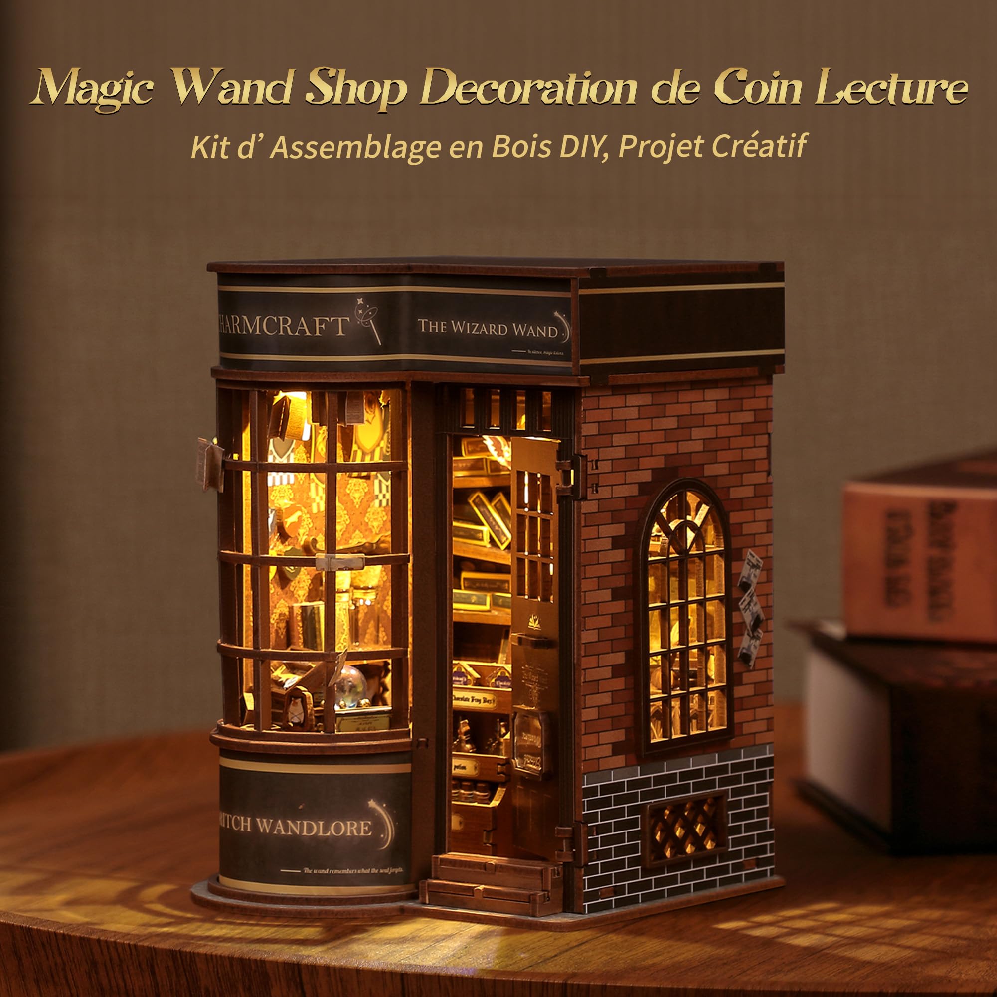 FUNPOLA Puzzle en Bois 3D Baguette de Sorcier Kit de Coin de Livre - Décoration avec lumière LED pour bibliothèque Miniature - Cadeau décoratif à Exposer (Magasin de Baguettes)