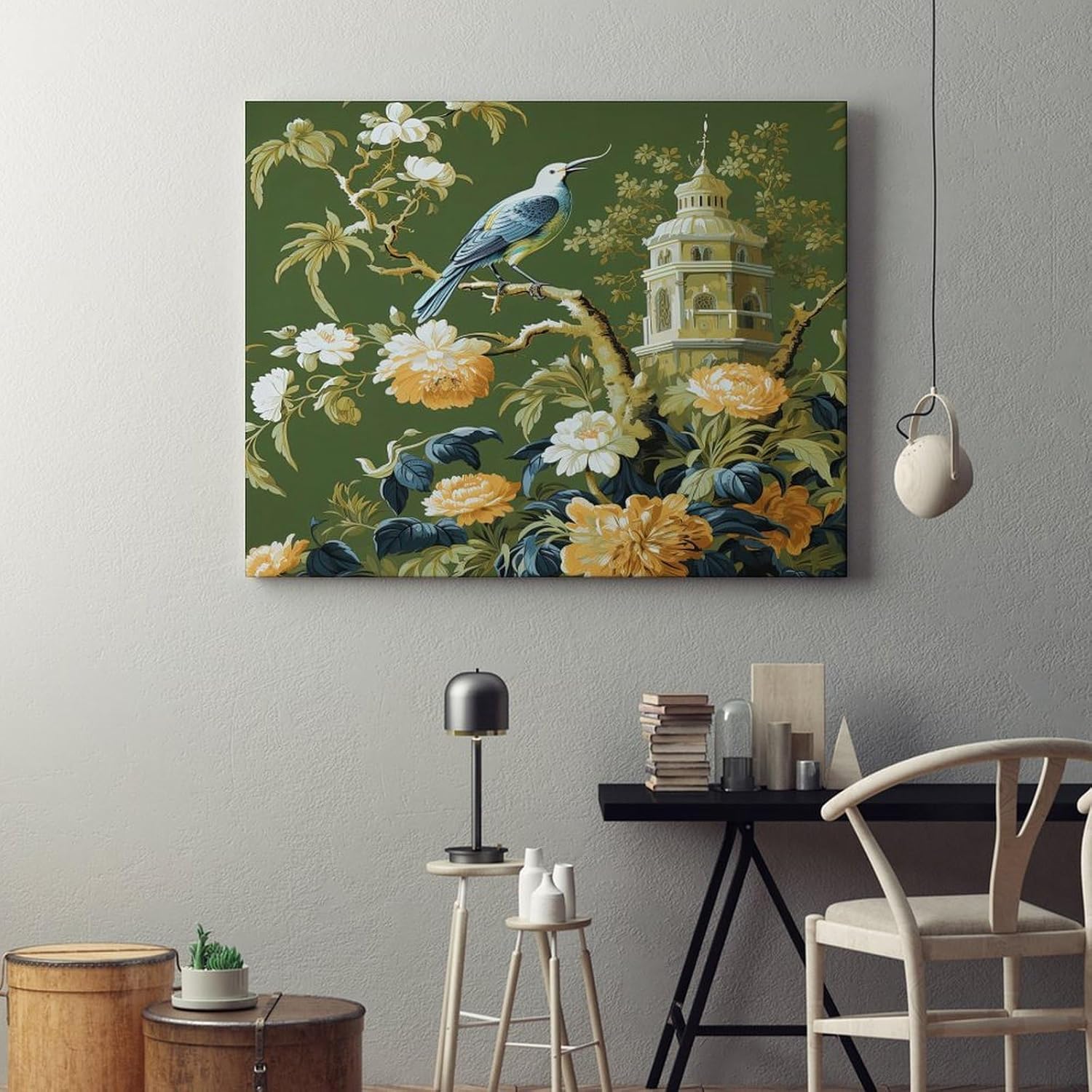 Wall Art Canvas 20x16in,Pagoda Garden Green Chinoiserie Canvas Wall Art Typography Home Office Wall Decor Prints Artwork for Bed Living Room Modern Paintings on Prints Birthday Gifts