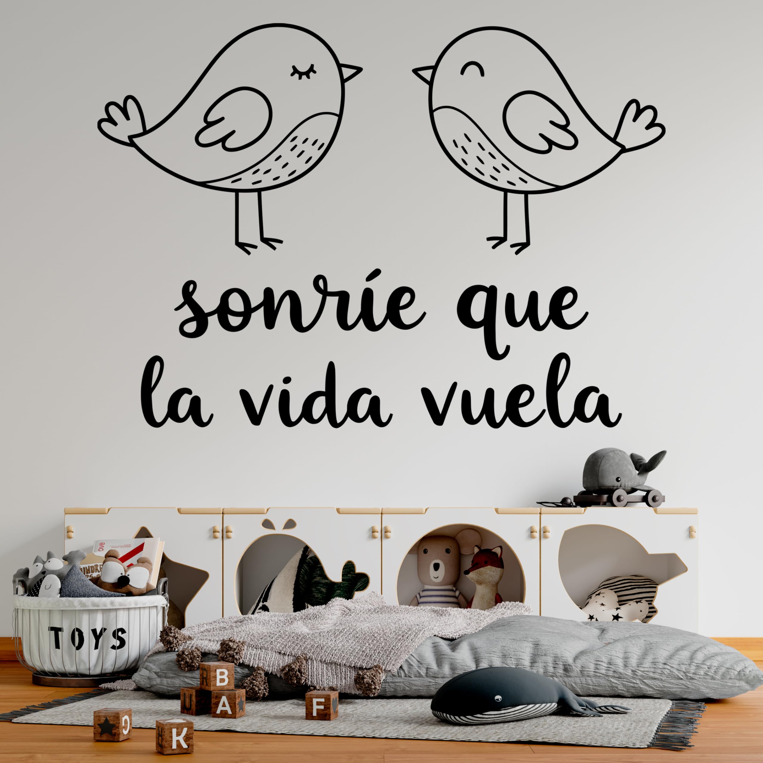 Vinilo Decorativo de Pared con Frase Positiva "Sonríe que la Vida Vuela" | Adhesivo con Pájaros para Dormitorio Infantil, Guardería o Habitación | Pegatina con Mensaje Alegre (Negro, 40 x 28 cm)