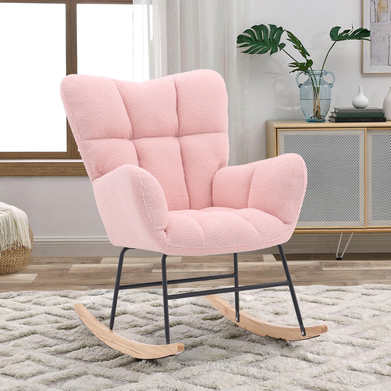 Koruiten Nursery Rocking Glider Chair Nursing Armchair Rocker Rocking Accent Chair for Mom, Teddy Upholstered Rocker Glider Chair with High Backrest for Bedroom Living Room (Light Pink)