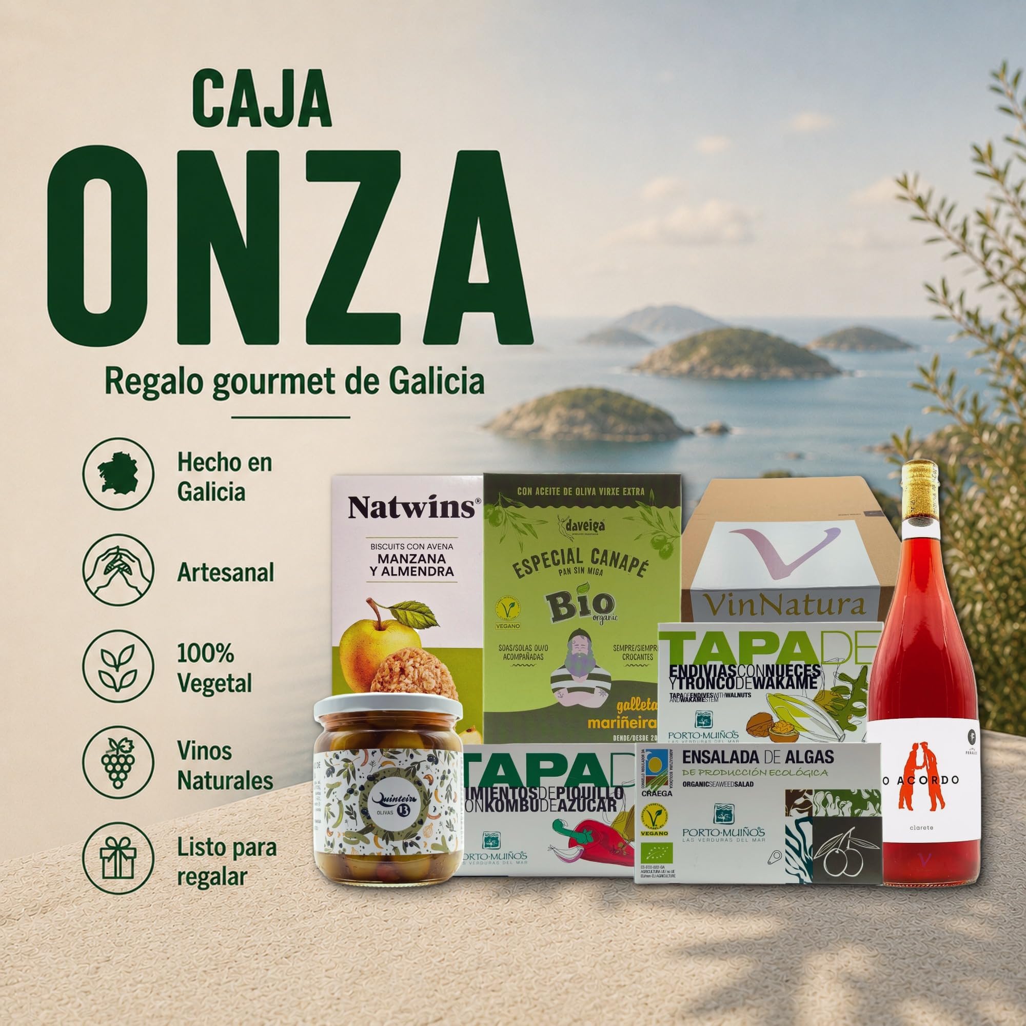 Caja Regalo Vegana Onza de VinNatura con Vino Rosado Natural | Cesta gourmet vegana, regalos para veganos, detalles de empresa inclusivos, celebraciones y tarjeta personalizable