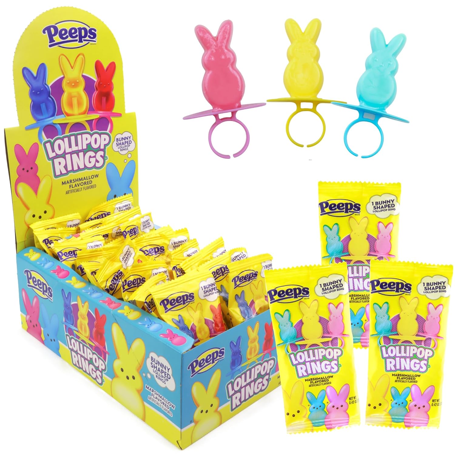 Bulk Peeps Bunny Shaped Lollipop Rings, Marshmallow Flavored Suckers, Individually Wrapped, Easter Egg Filler Candy, 24 Count