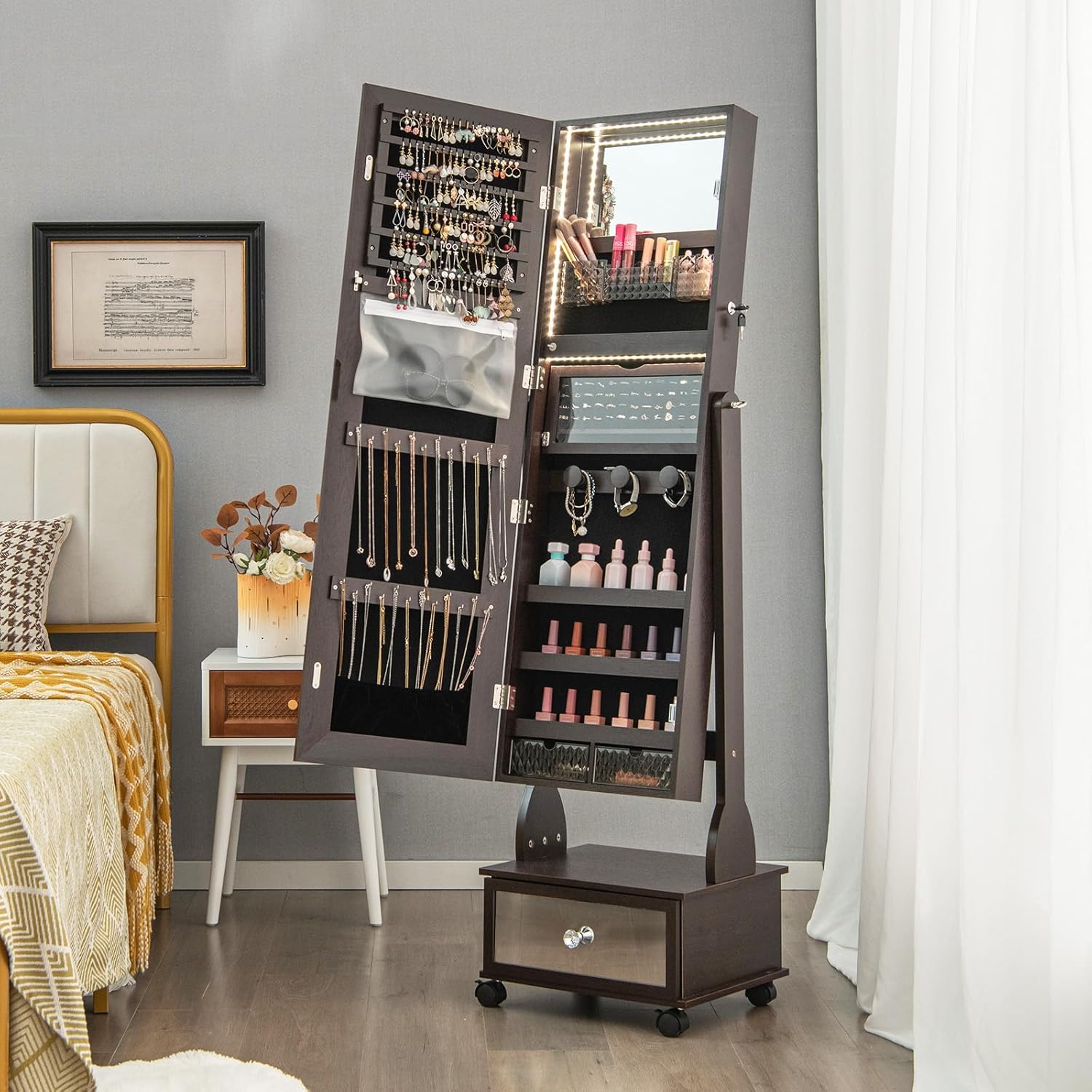 LOKO Standing Jewelry Armoire with Wheels, Lockable Jewelry Organizer with Full-Length Mirror, Vanity Mirror, 3-Color LED Lights, Jewelry Cabinet with Adjustable Angles for Bedroom (Brown)
