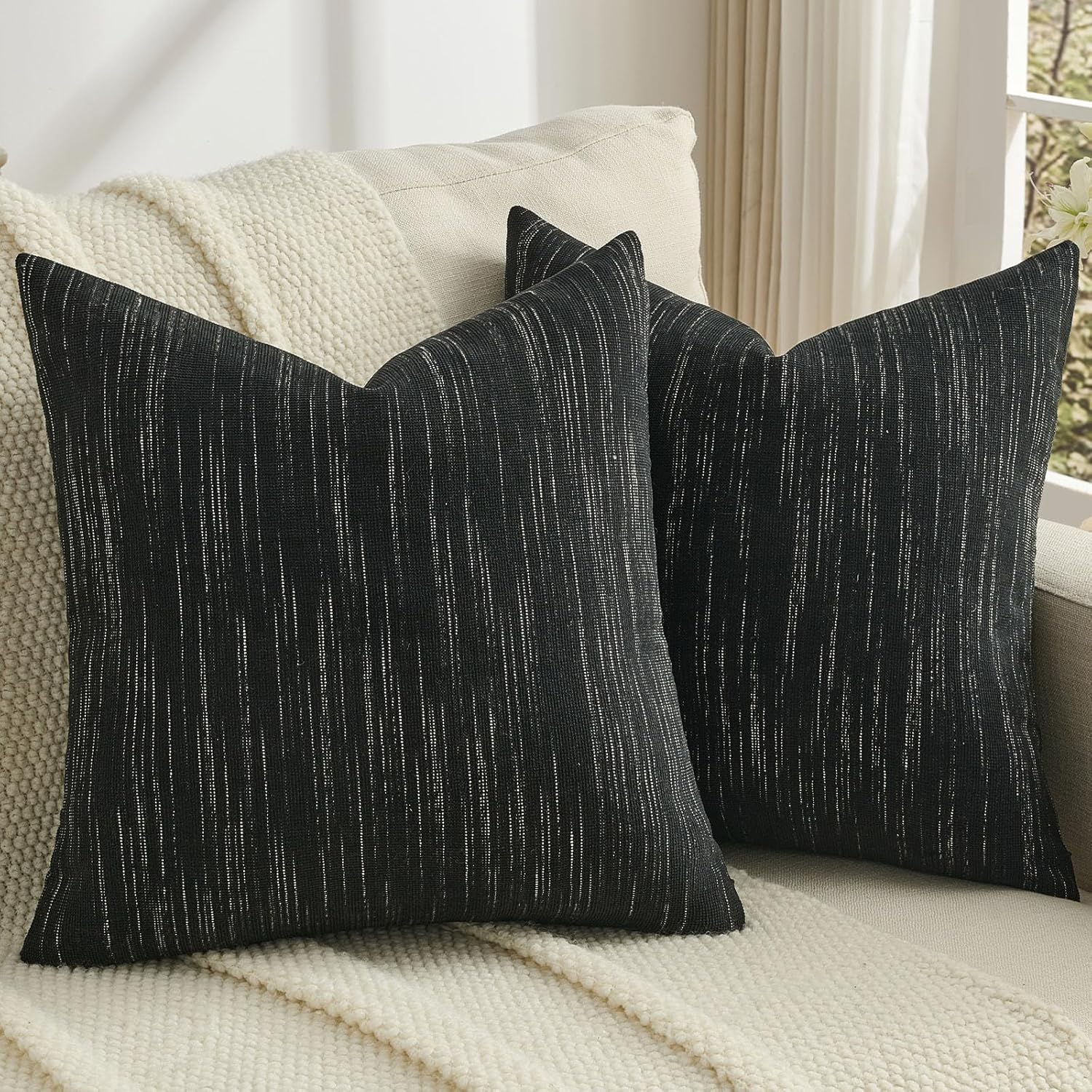 FUTEI Black Chenille Throw Pillow Covers 26x26 Inch Set of 2,Soft & Cozy Meteor Dotting Textured Euro Pillow Shams,Modern Home Decor for Couch Living Room