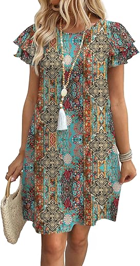 OFEEFAN Womens Summer Dresses 2026 Ruffle Sleeve Round Neck Loose Swing Sundresses with Pockets Plain/Print