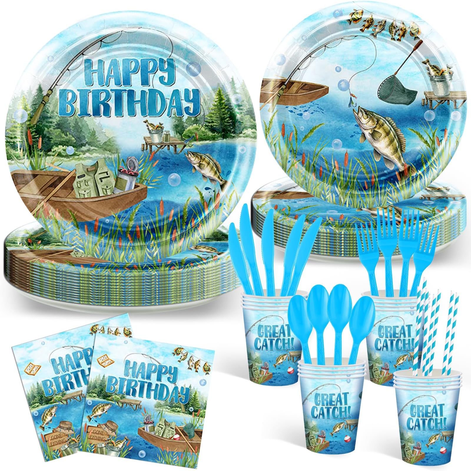 Avezano 192 pcs Fishing Birthday Decorations Fishing Birthday Party Disposable Plates and Napkins Set Fisherman Party Paper Tableware Supplies Serve 24