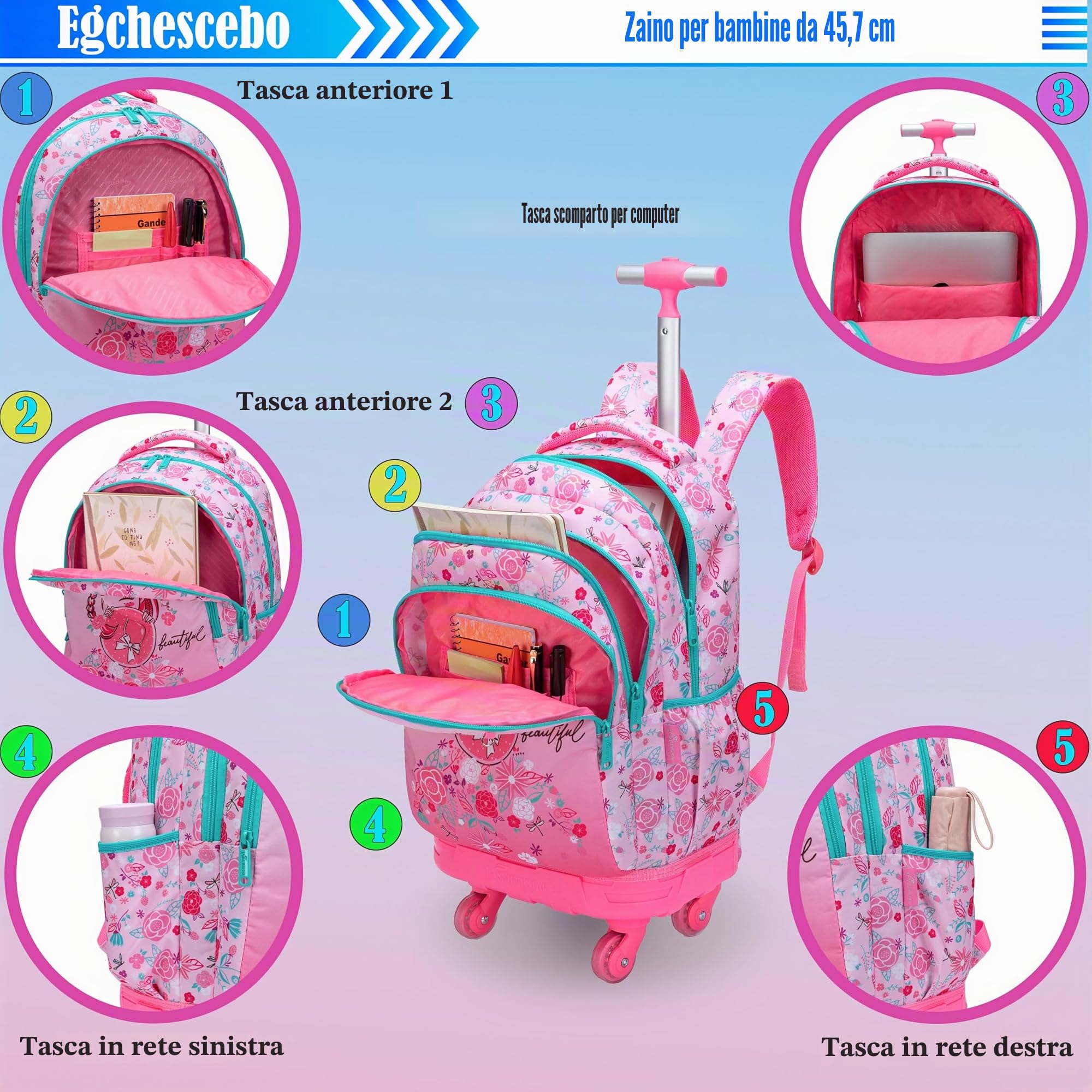 Set di 3 zaini con rotelle 45,7 cm per ragazze e ragazzi con borsa per il pranzo e astuccio, borse scolastiche, 18, Zaini da viaggio