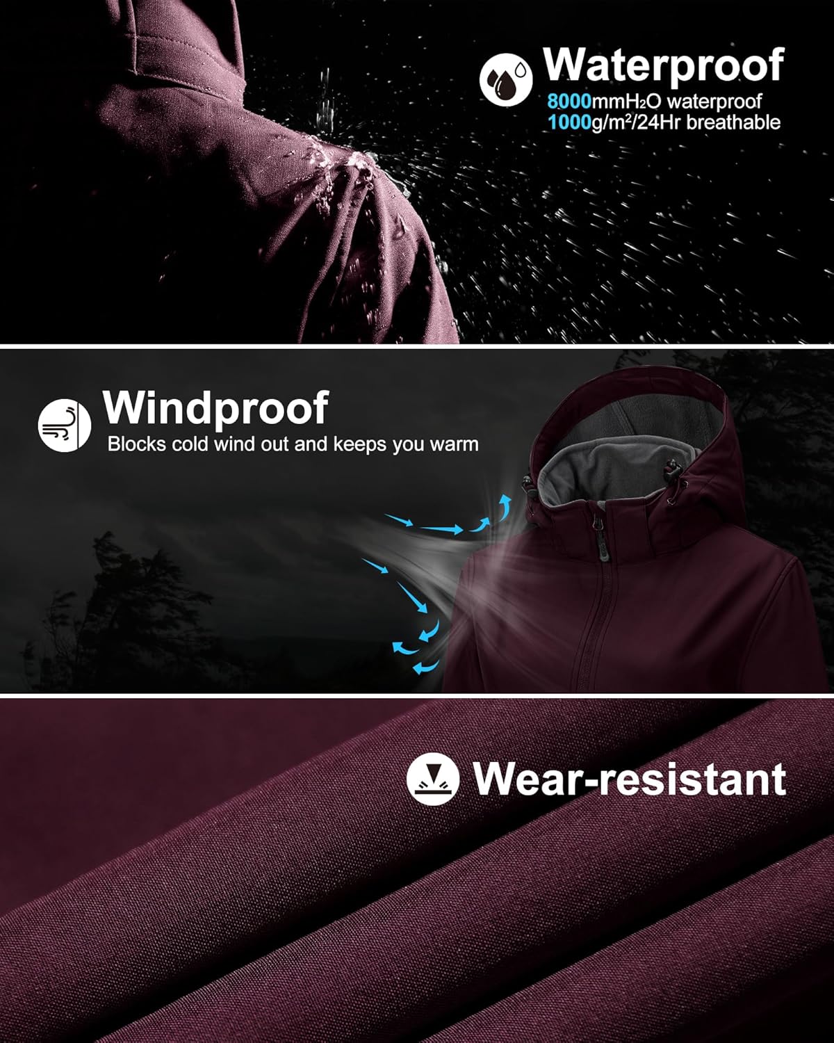 33,000ft Women's Waterproof Softshell Long Rain Jacket with Hood Fleece Lined Windproof Windbreaker - Image 5