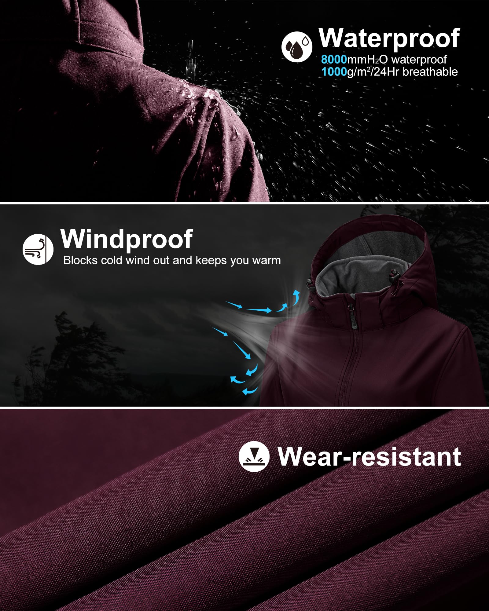 33,000ft Softshelljacke Damen Lange Übergangsjacke Wasserdicht Winddicht Softshellmantel Windbreaker Atmungsaktiv Wanderjacke Outdoor Mantel mit Abnehmbarer Kapuze